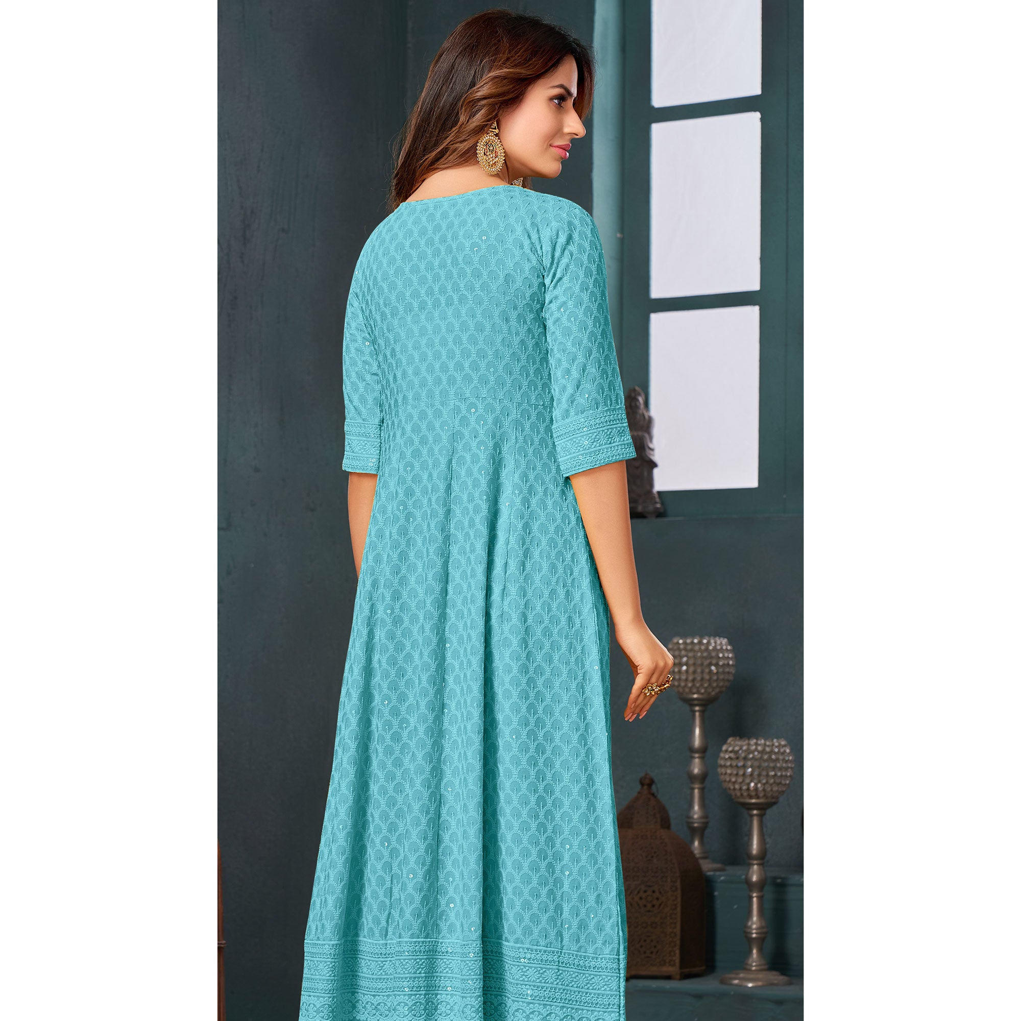 Blue Chikankari Work Aanarkali Style Rayon Kurti