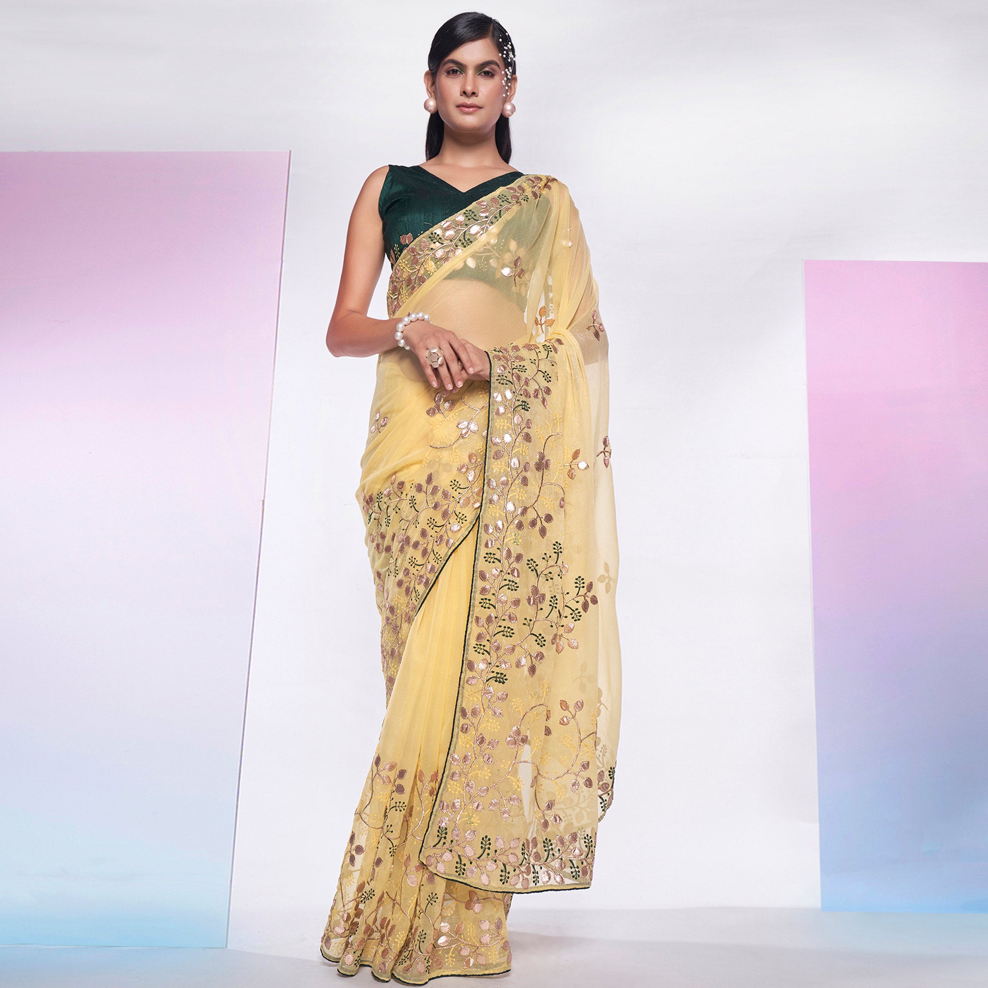 Yellow Floral Embroidered Georgette Saree