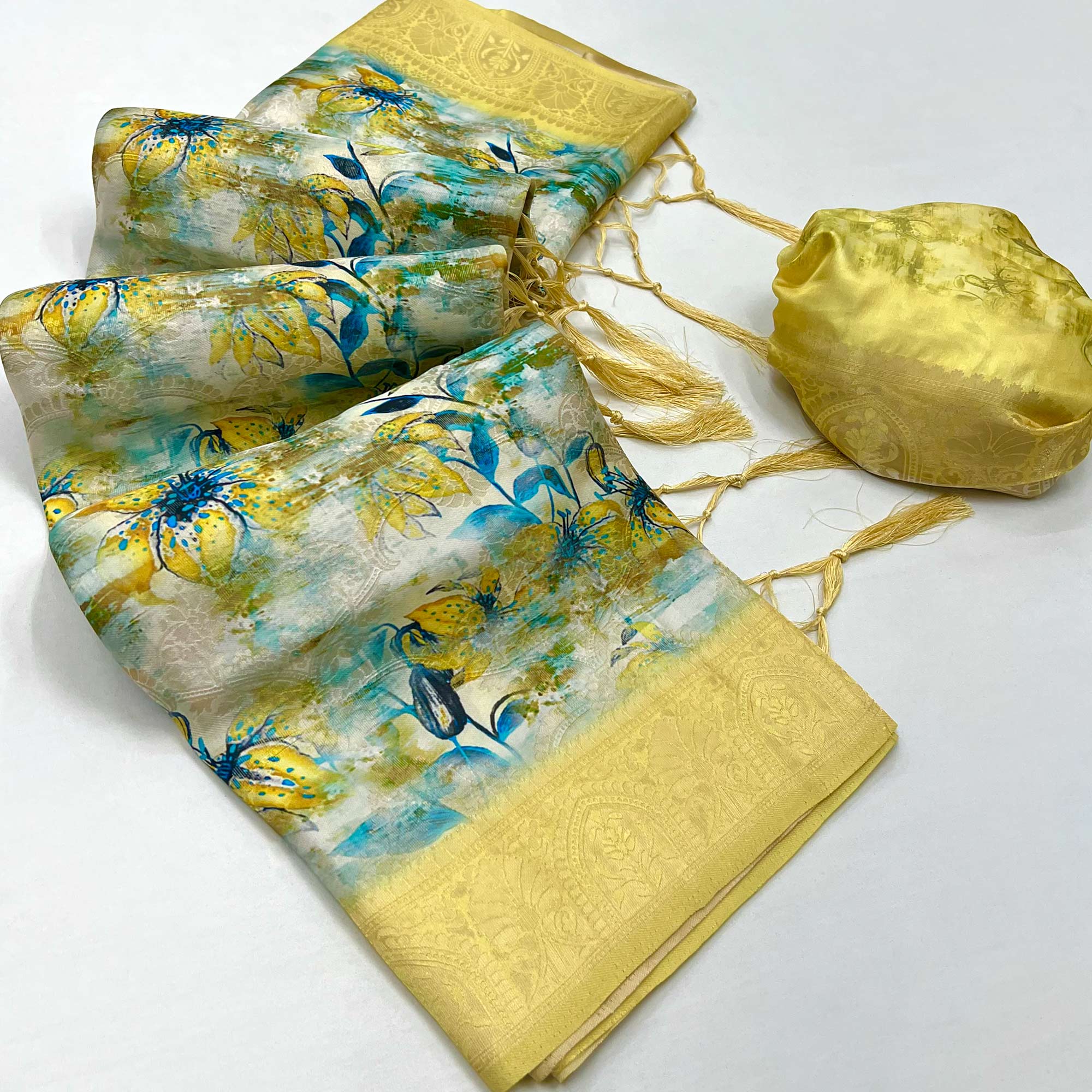 Blue & Cream Floral Digital Printed Jacquard Saree