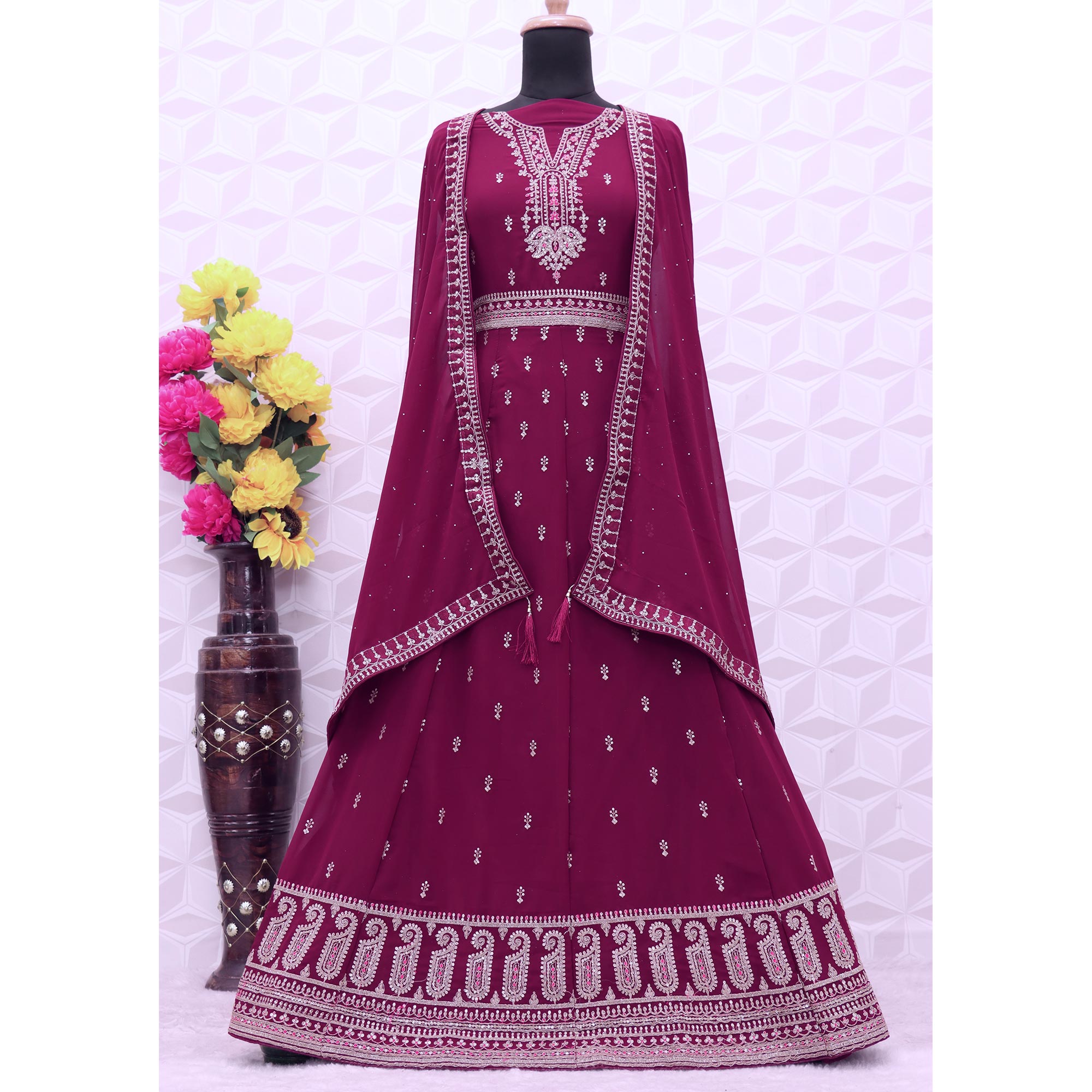 Purple Sequins Embroidered Georgette Semi Stitched Anarkali Suit