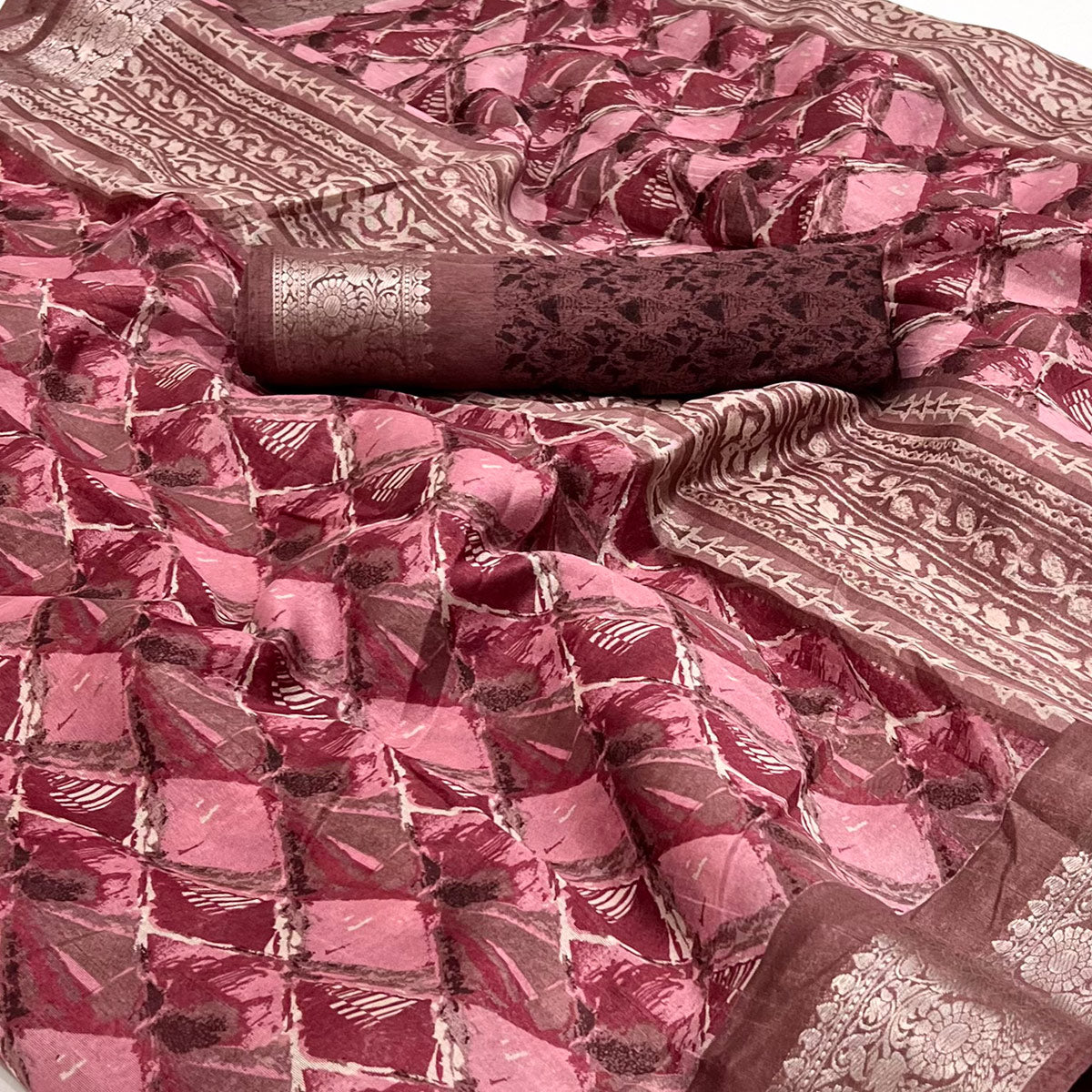 Pink Floral Printed With Woven Dola Silk Saree