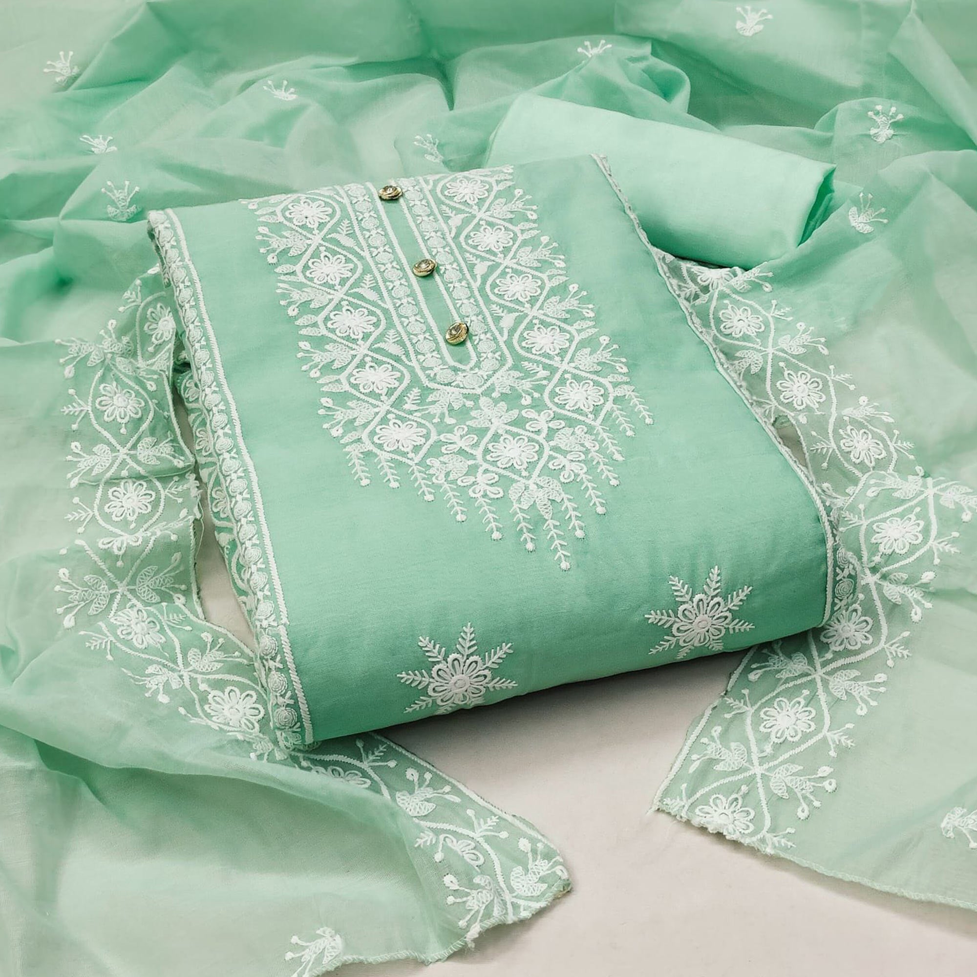 Sea Green Floral Embroidered Chanderi Dress Material