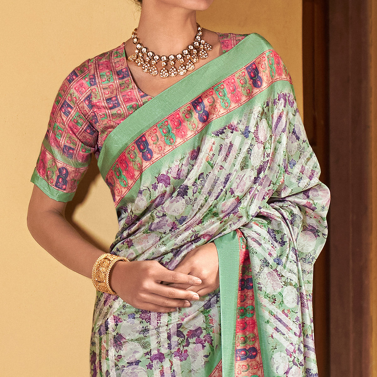 Green Digital Printed Satin Saree