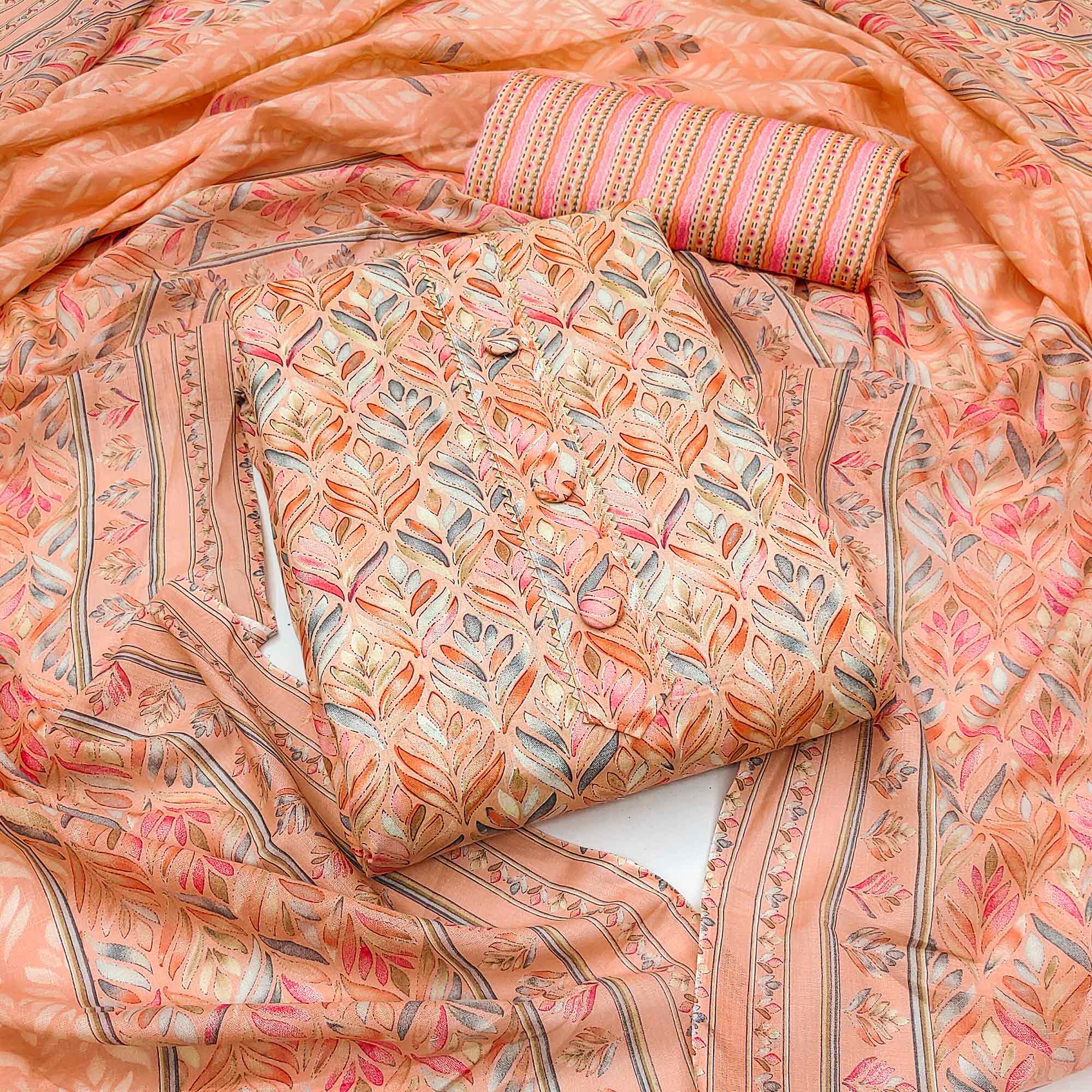 Peach Printed Cotton Blend Dress Material