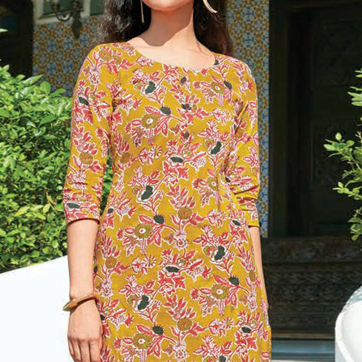 Mustard Floral Printed Cotton Blend Kurti