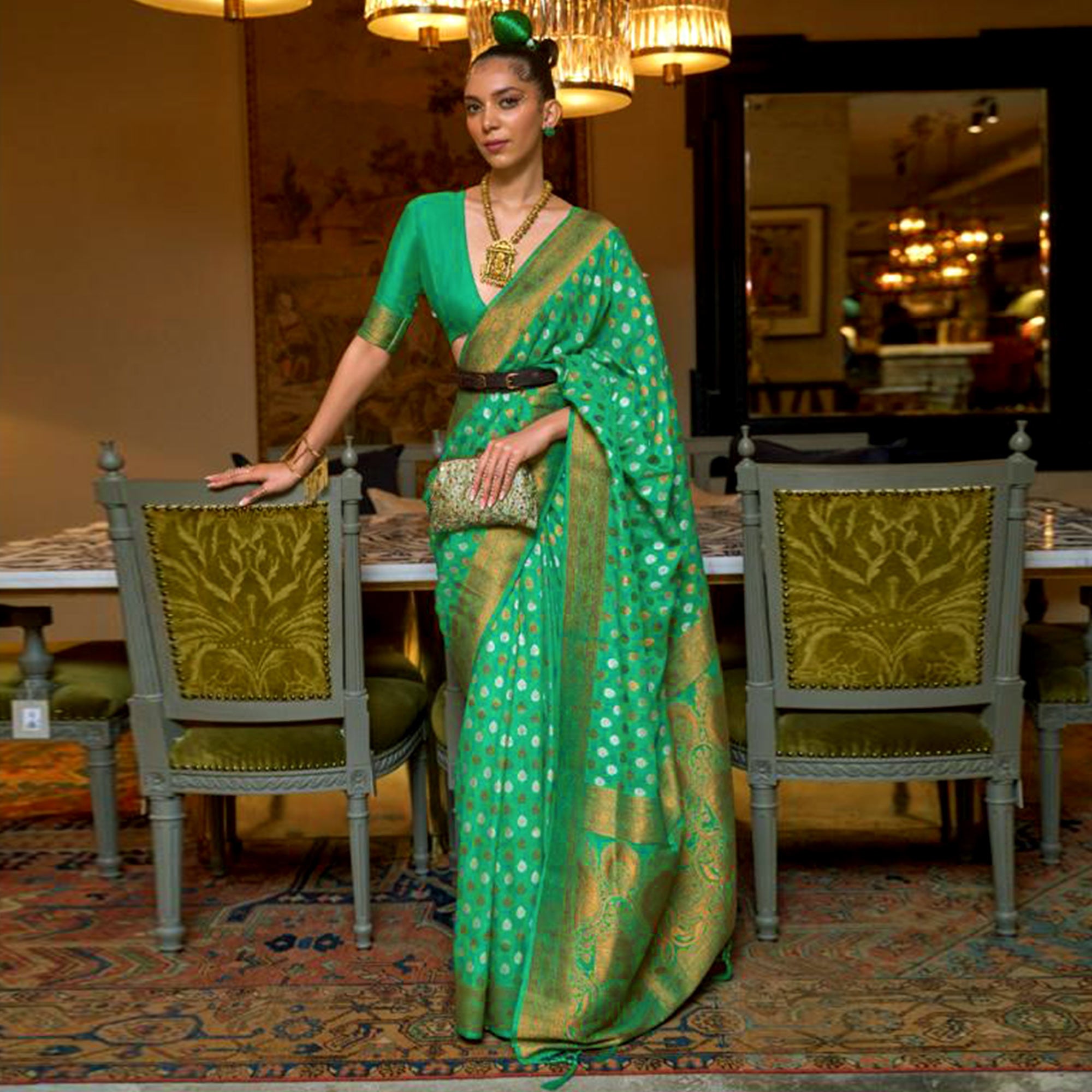 Green Woven Khadi Silk Saree With Tassels
