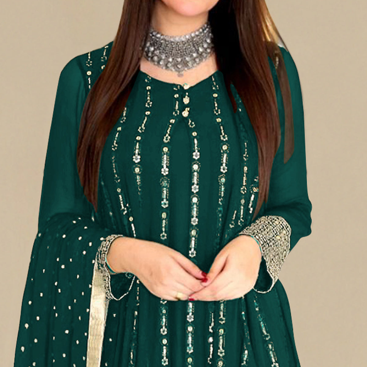 Green Sequins Embroidered Georgette Pakistani Suit