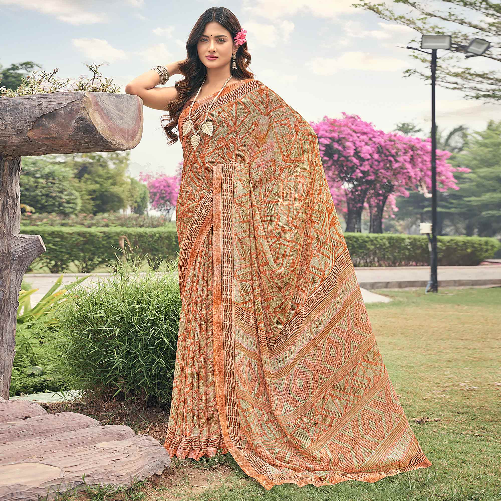 Peach Printed Chiffon Saree