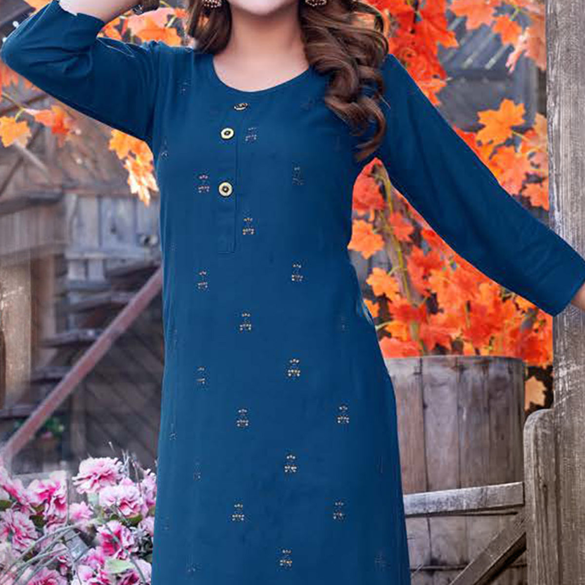 Blue Sequins Embroidered Rayon Kurti