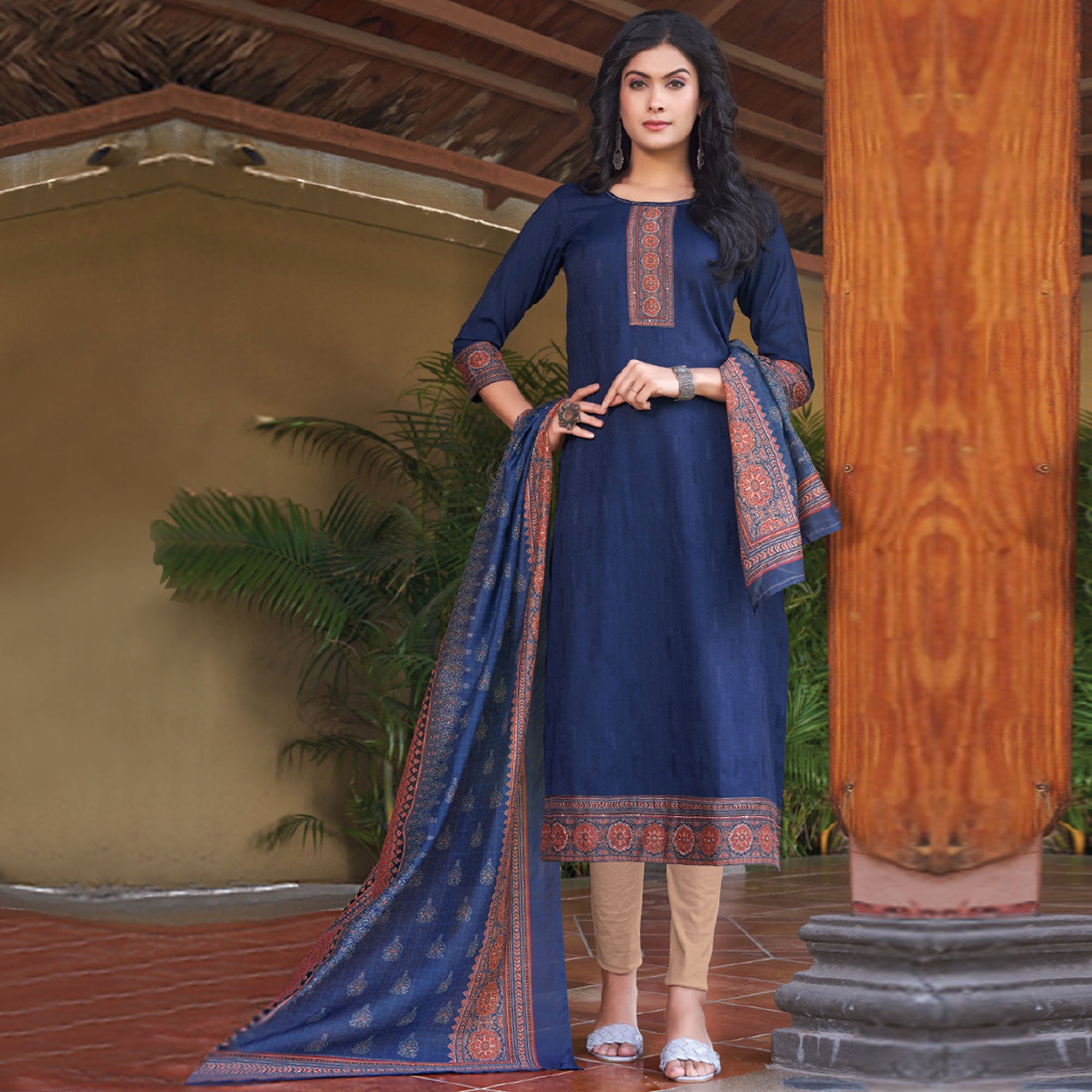 Blue Embroidered Rayon Kurti With Dupatta