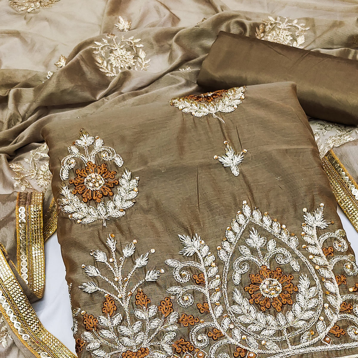 Brown Floral Embroidered Modal Dress Material