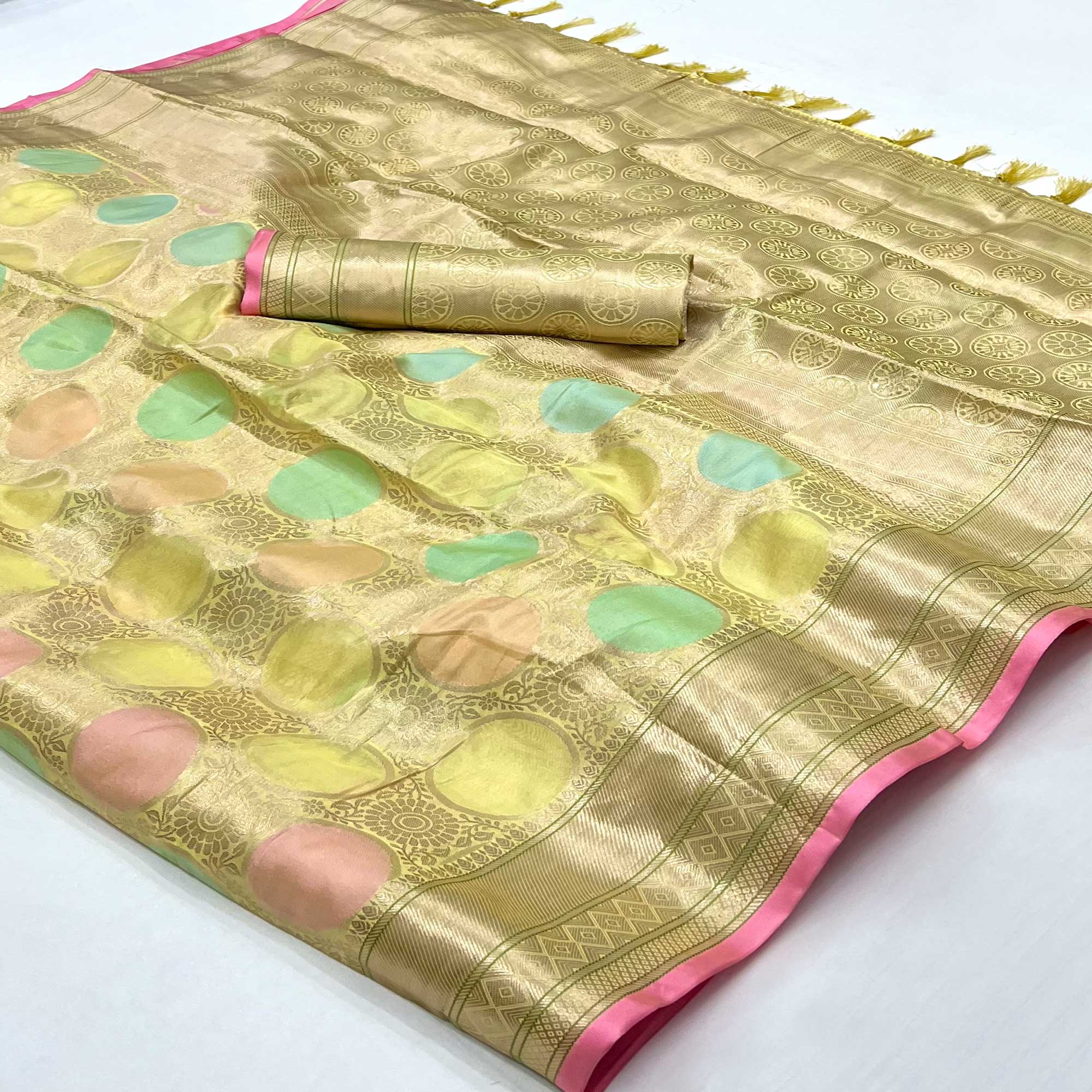 Lemon Green Floral Woven Organza Saree With Tassels