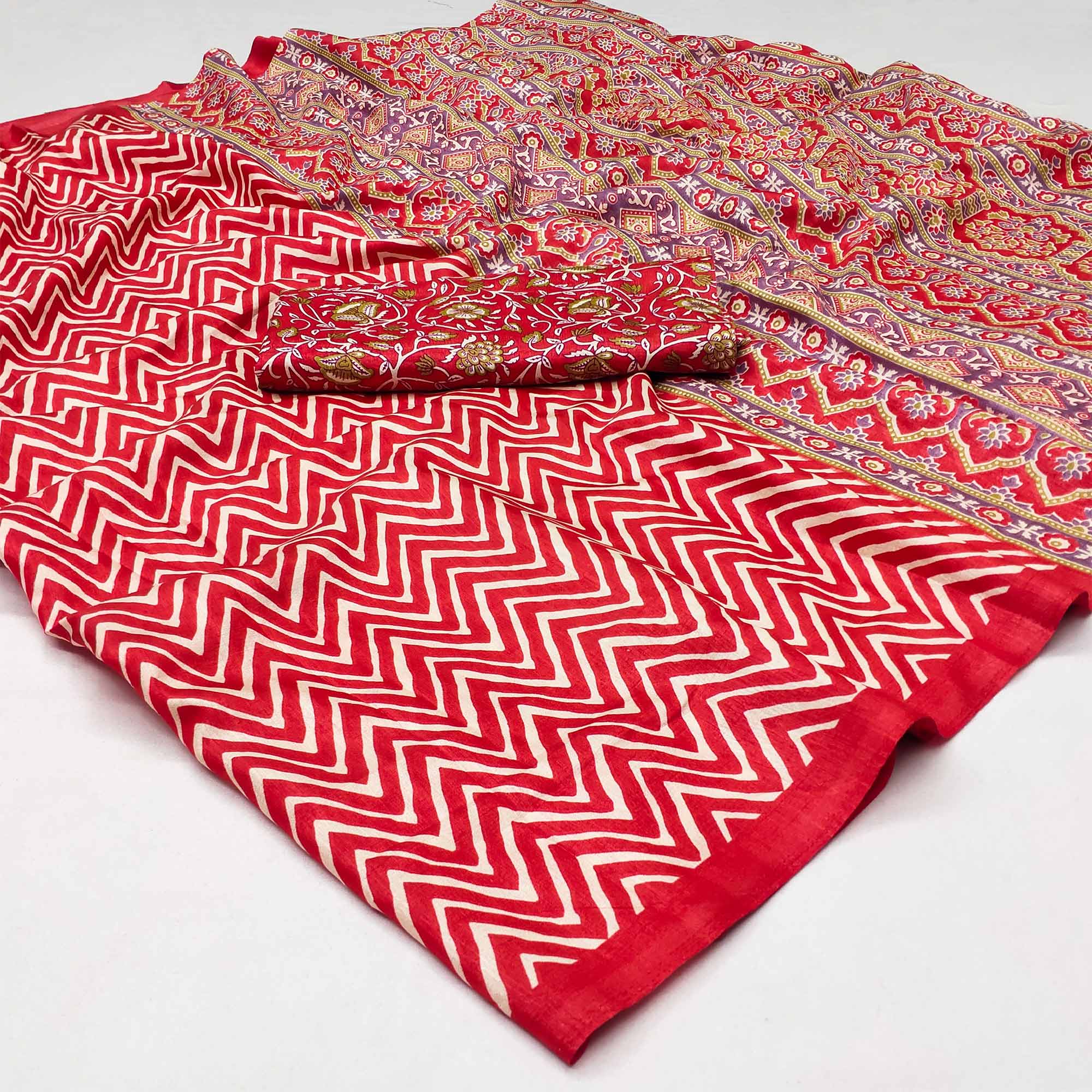 Red Striped Printed Art Silk Saree