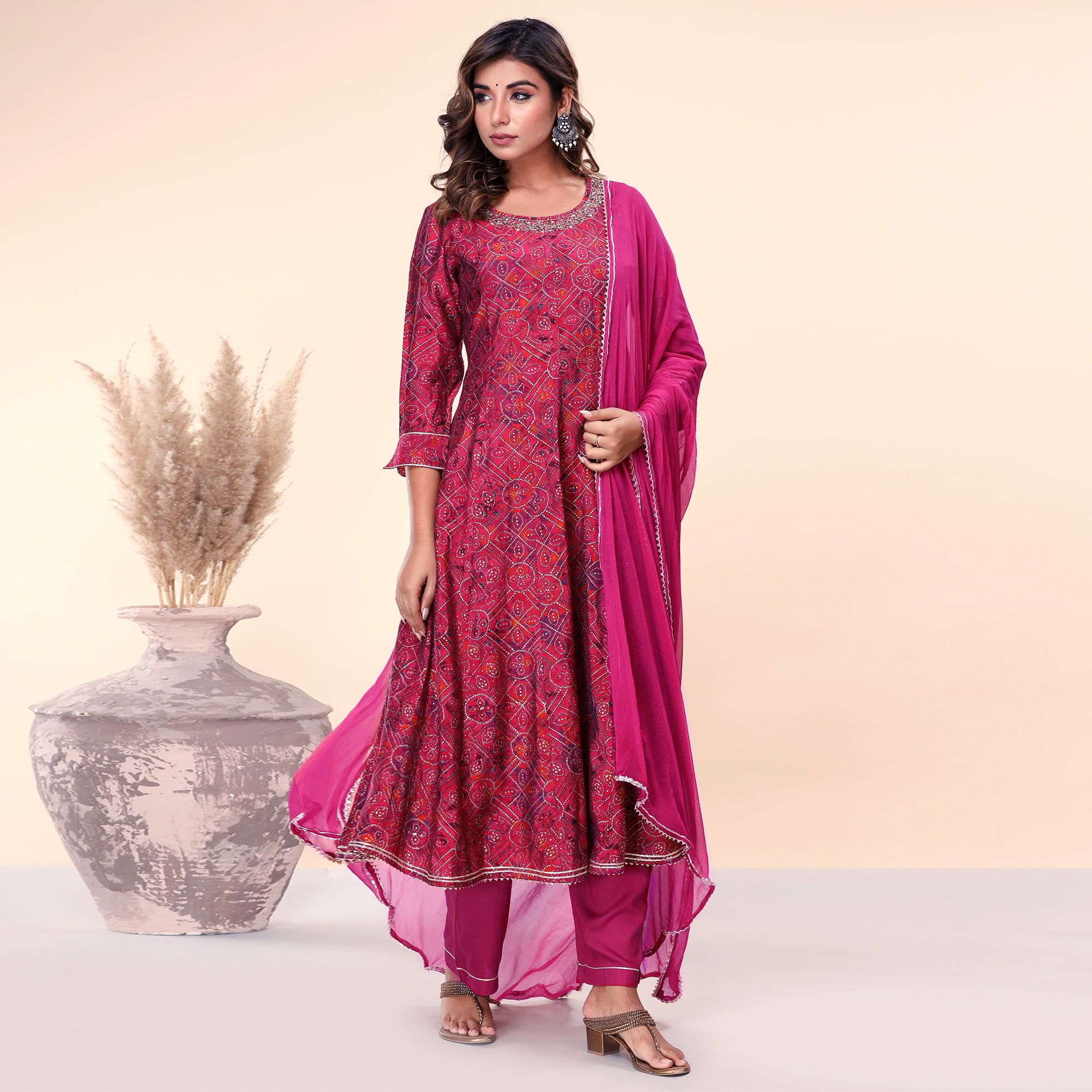 Pink Bandhani Printed And Gota Work Muslin Anarkali Suit