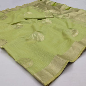 Green Woven Art Silk Saree With Tassels