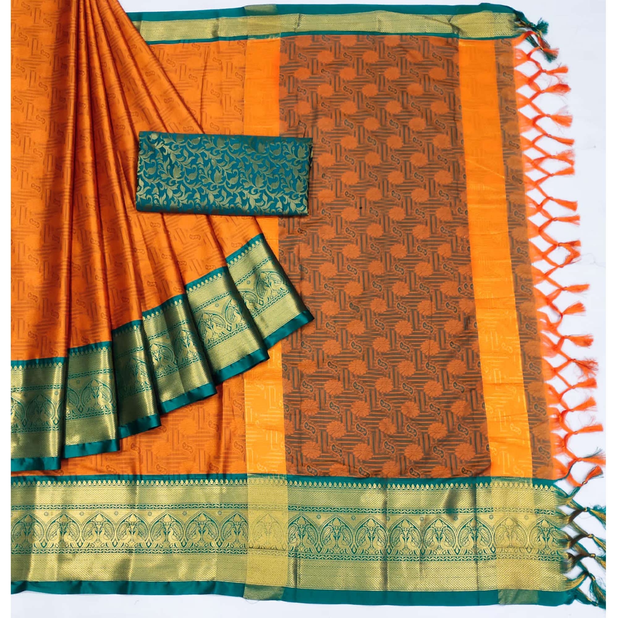 Orange Woven Cotton Silk Saree With Tassels