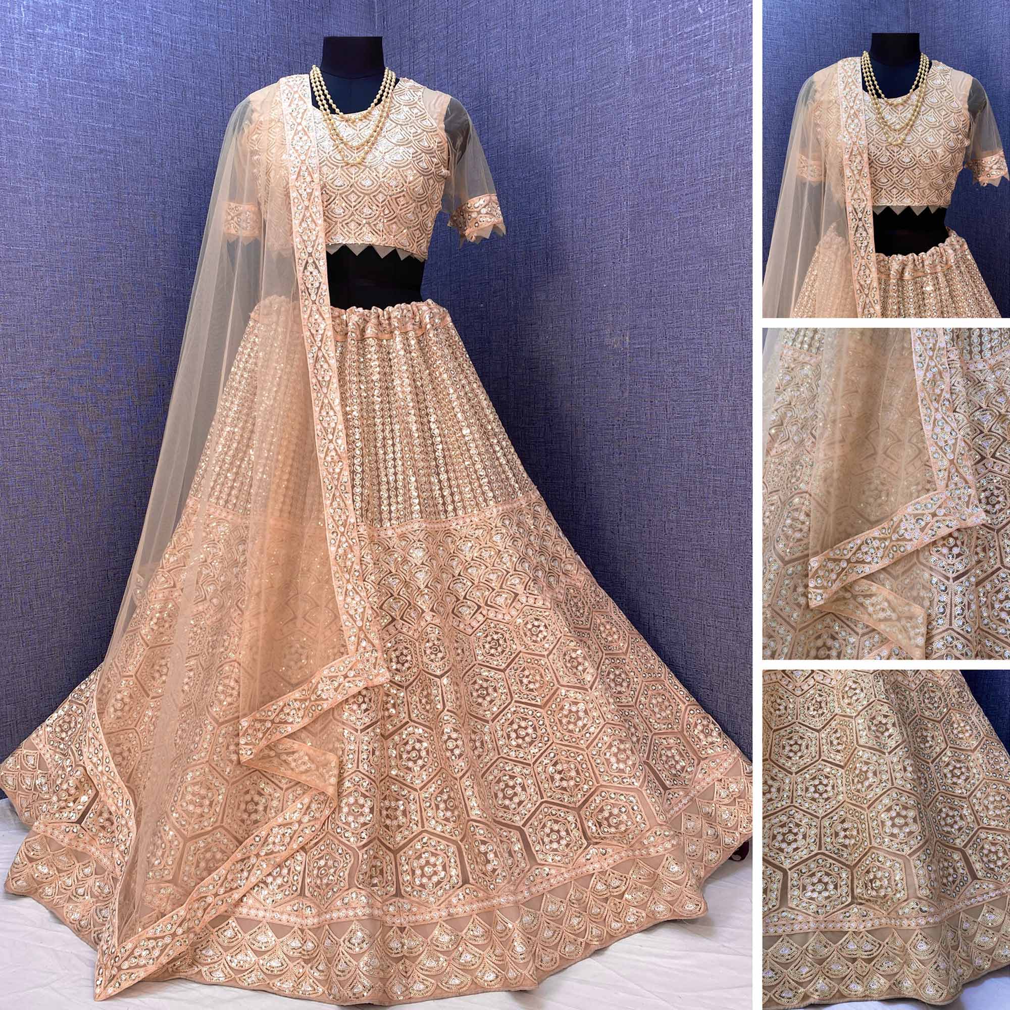 Brown Sequins Embroidered Netted Lehenga Choli