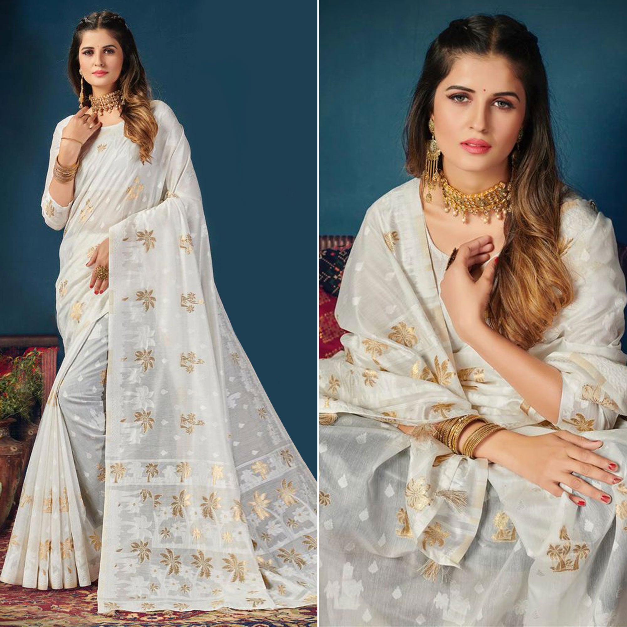 White Woven Cotton Blend Saree With Tassels