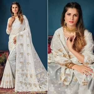 White Woven Cotton Blend Saree With Tassels