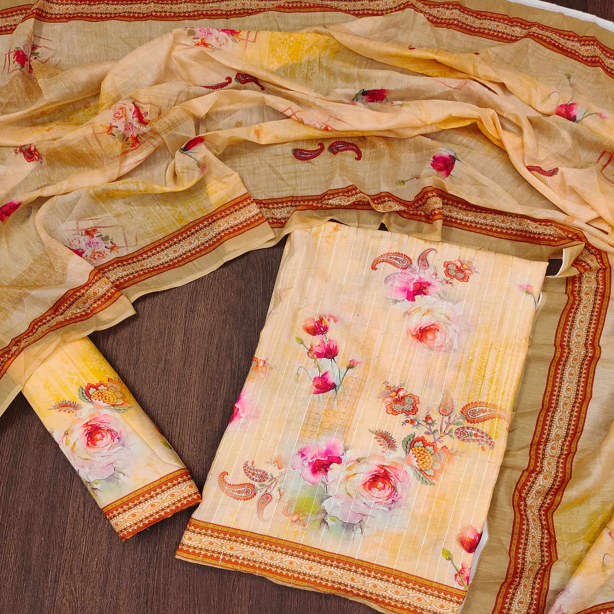 Yellow Floral Digital Printed Muslin Dress Material