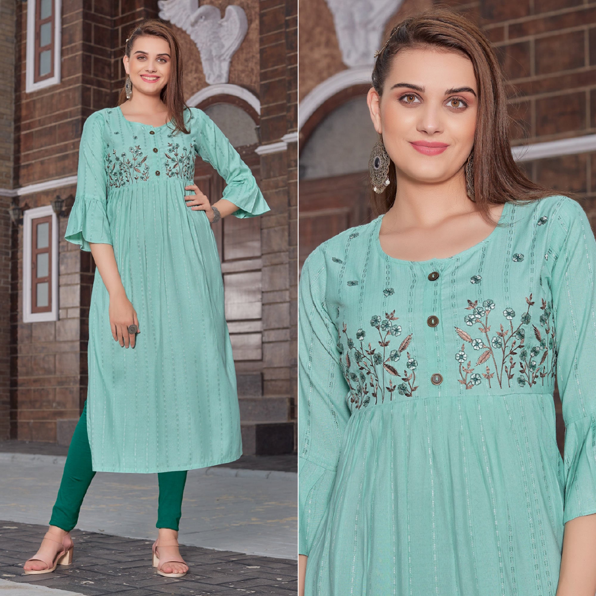 Turquoise Floral Embroidered Rayon Naira Cut Kurti