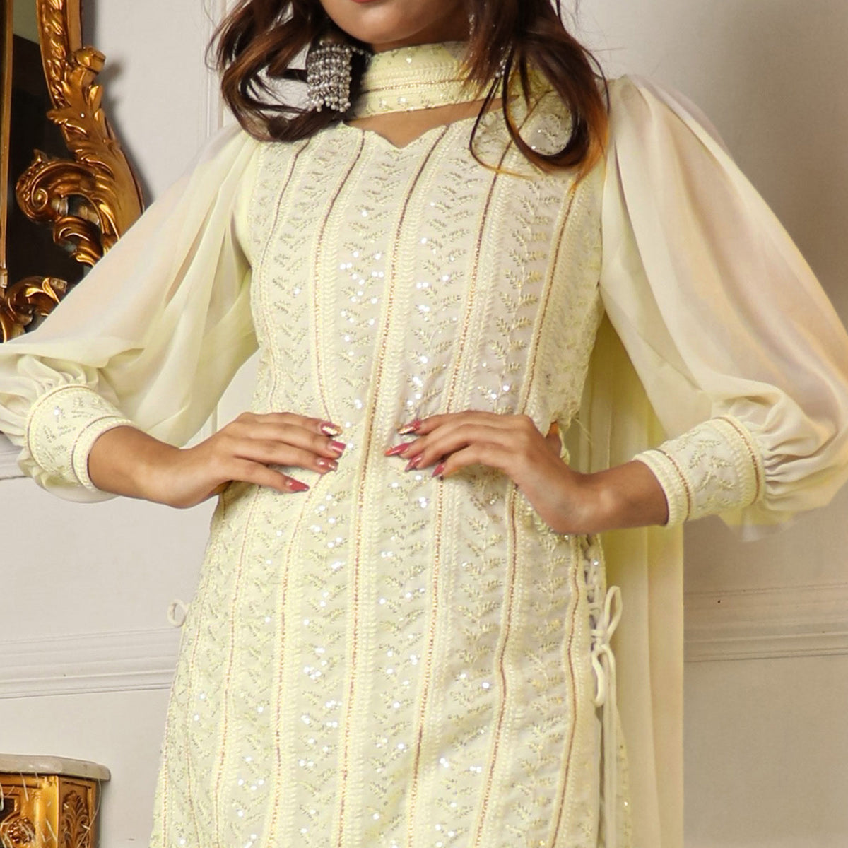 Cream Sequins Embroidered Georgette Sharara Suit