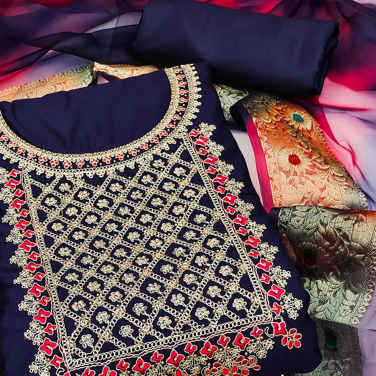 Navy Blue Embroidered Modal Dress Material