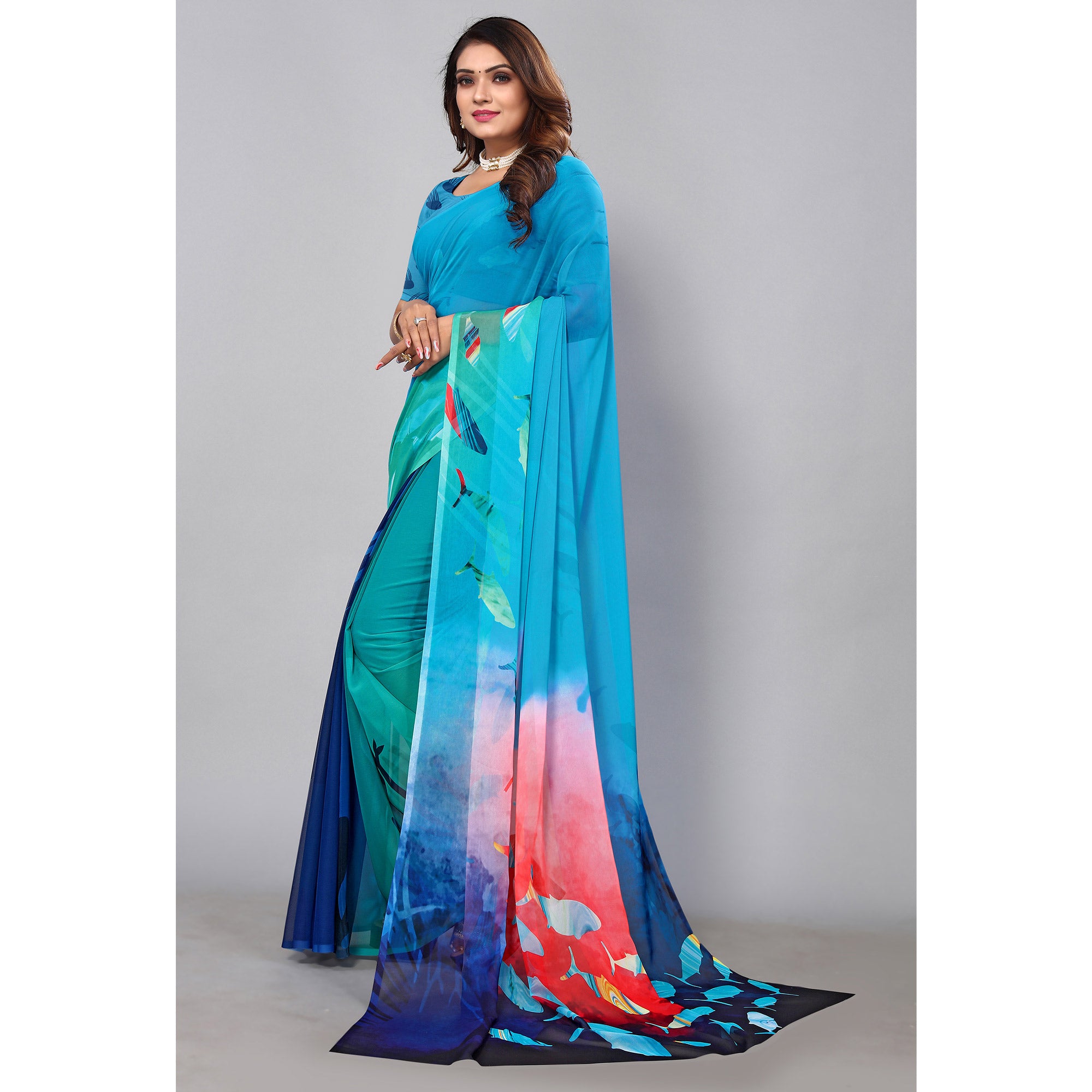 Blue Digital Printed Georgette Saree