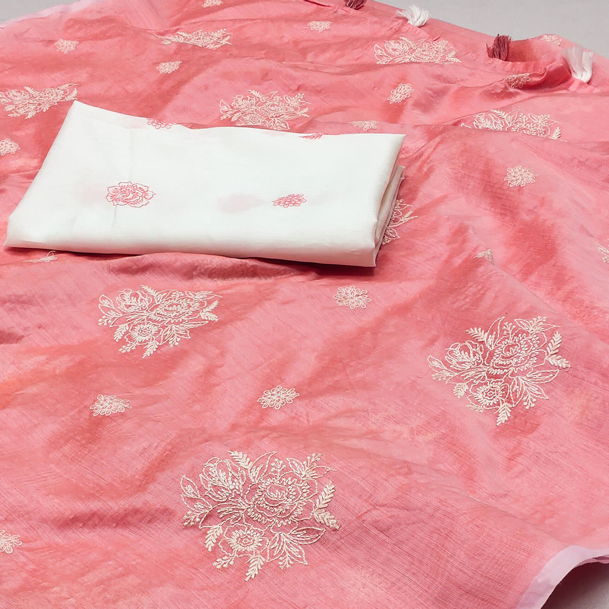 Gajari Pink Floral Embroidered Chanderi Saree With Tassels