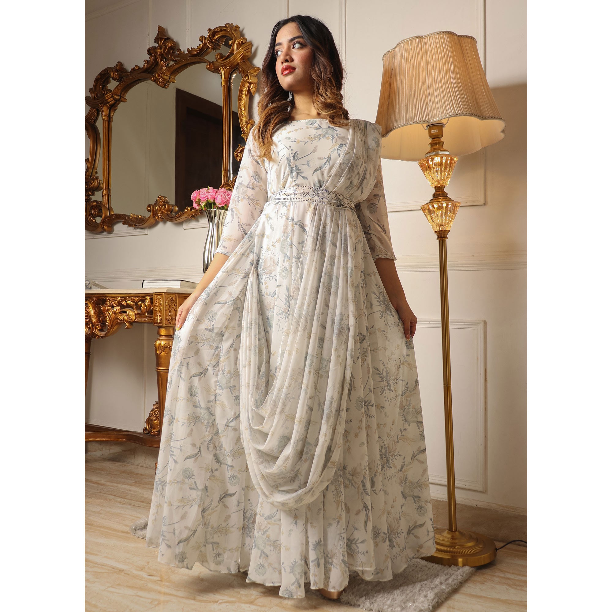 Off White Floral Printed With Stone Work Georgette Gown