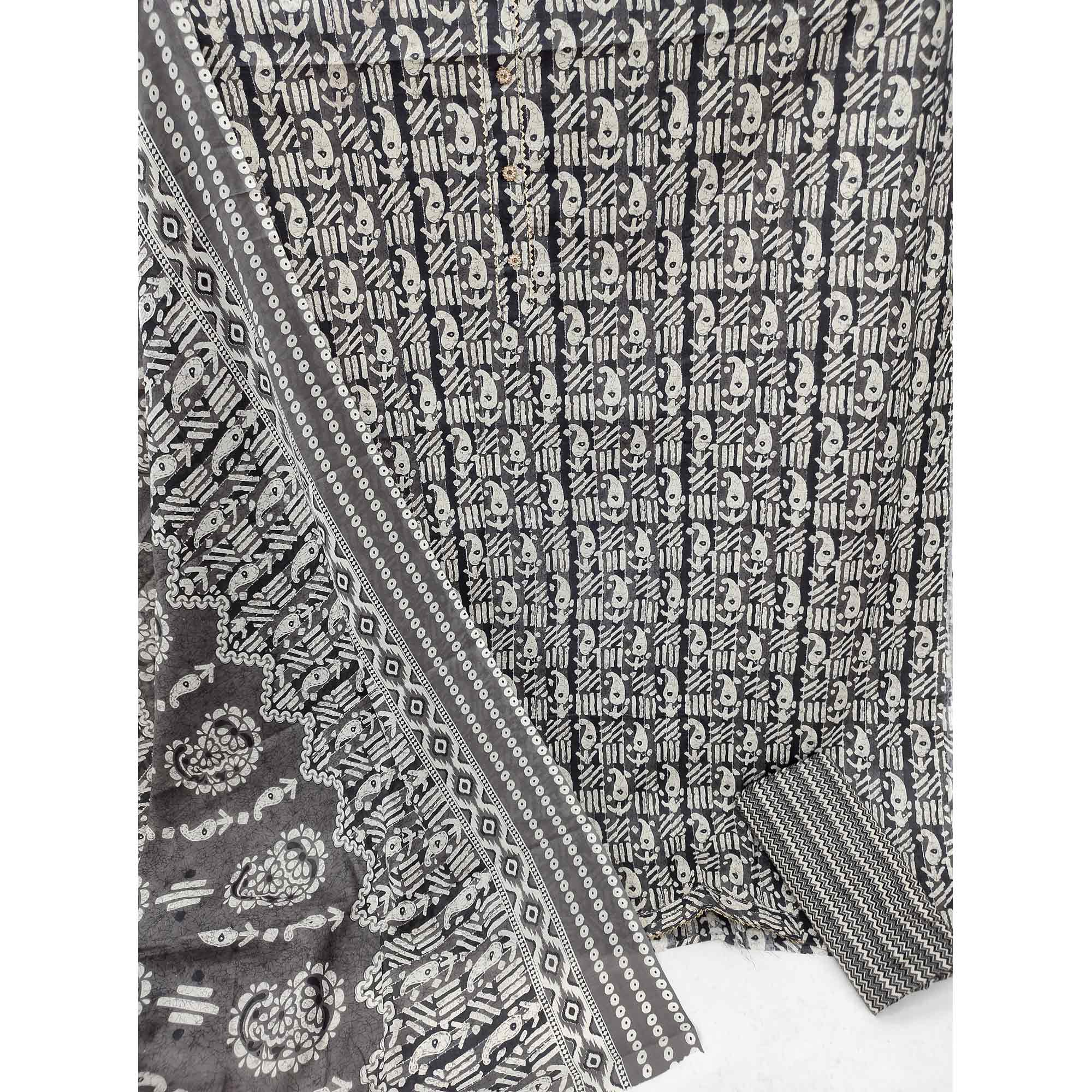 Grey Printed Cotton Blend Dress Material
