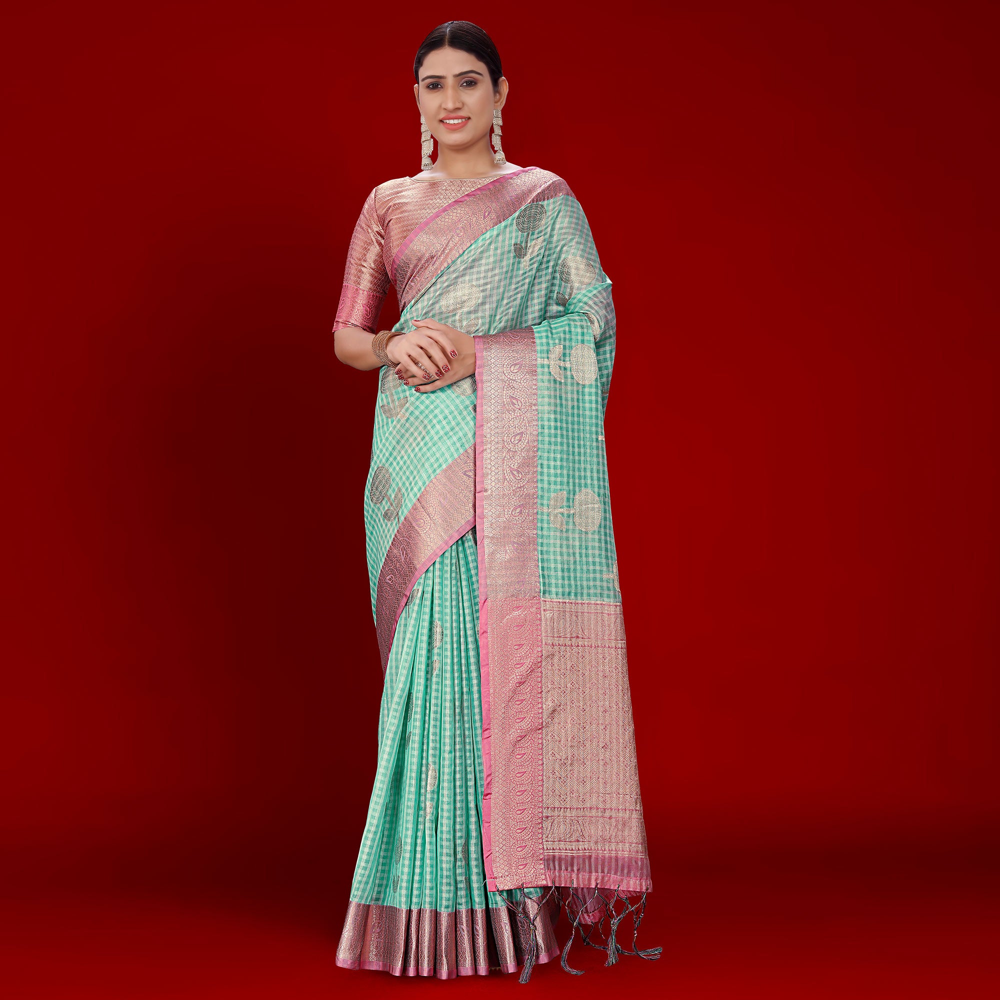 Turquoise Floral Woven Organza Saree With Tassels