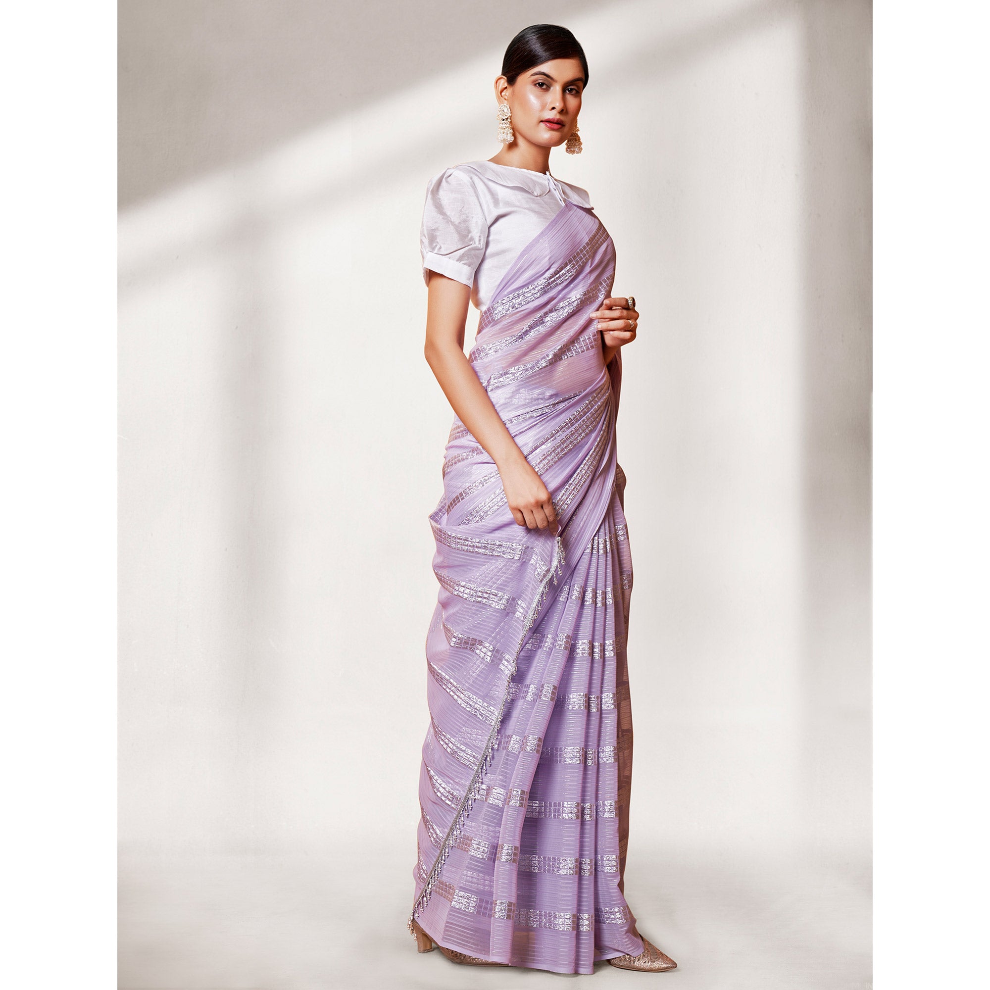 Light Purple Zari Embroidered Georgette Sarree