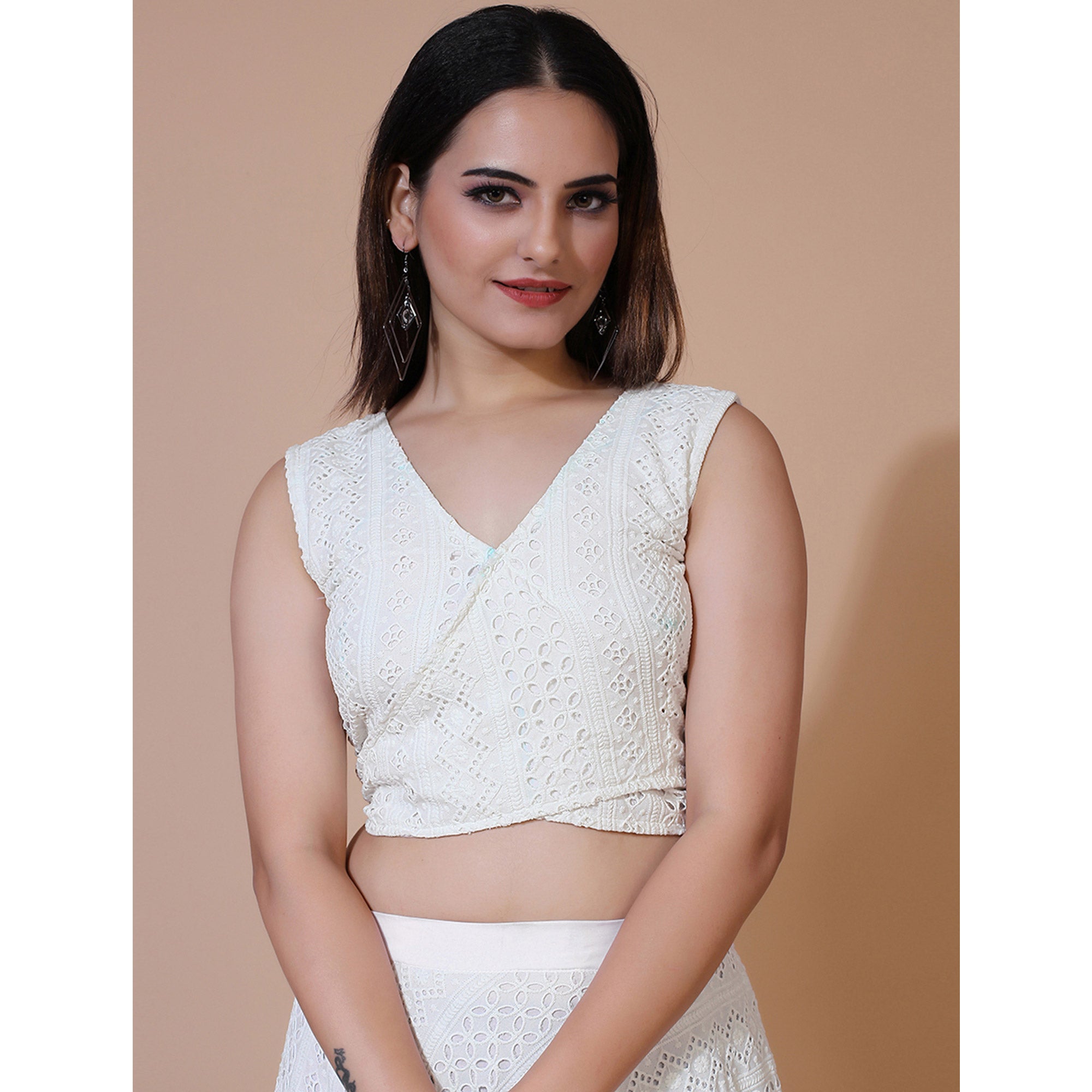 White Lucknowi Chikankari Work Rayon Lehenga Choli