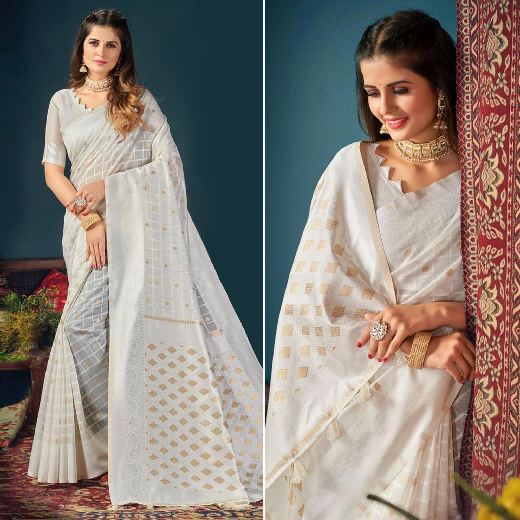 White Woven Cotton Blend Saree With Tassels