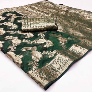 Bottle Green Floral Woven Art Silk Saree With Tassels