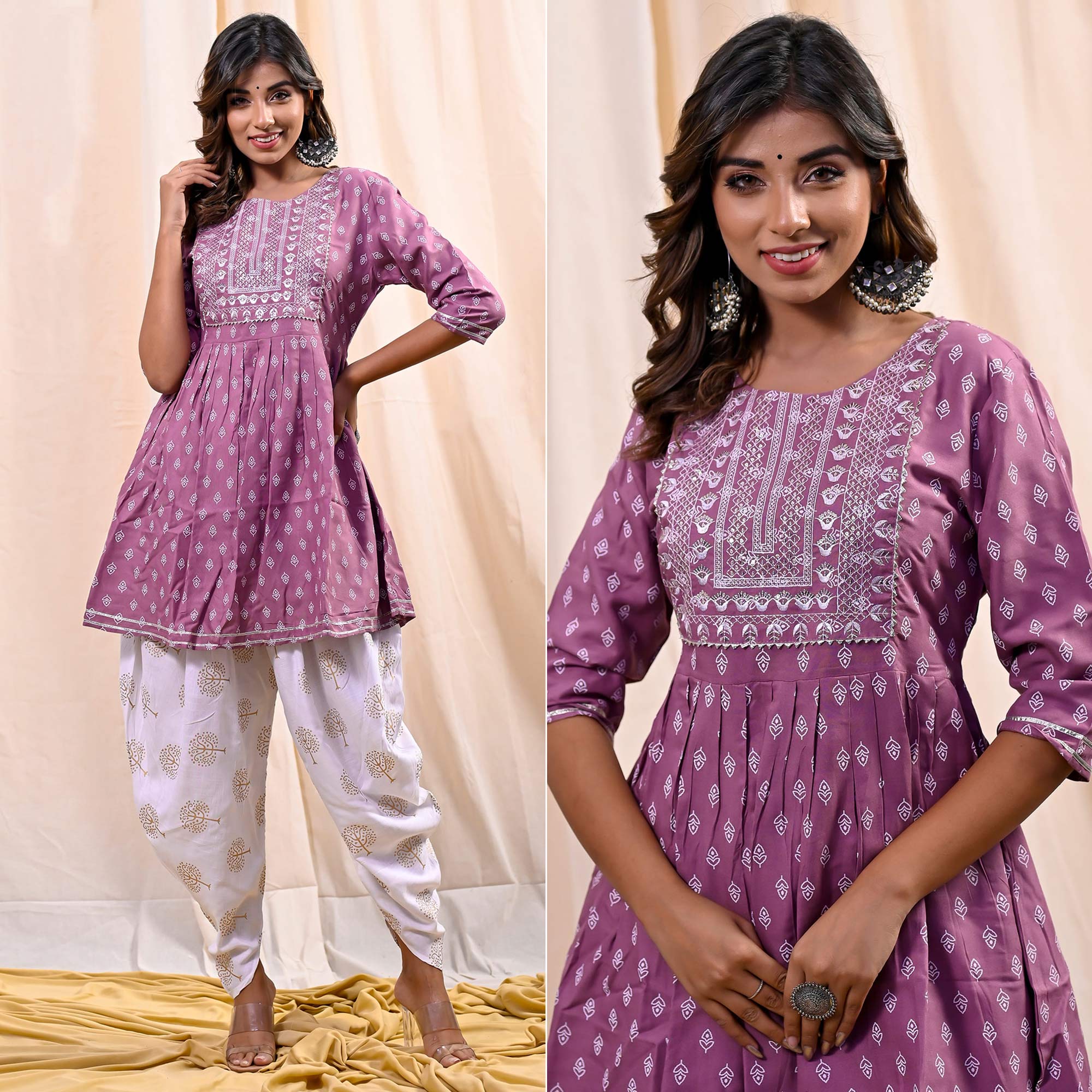 Plum Violet Printed With Embroidered Rayon Kurti With Dhoti Set