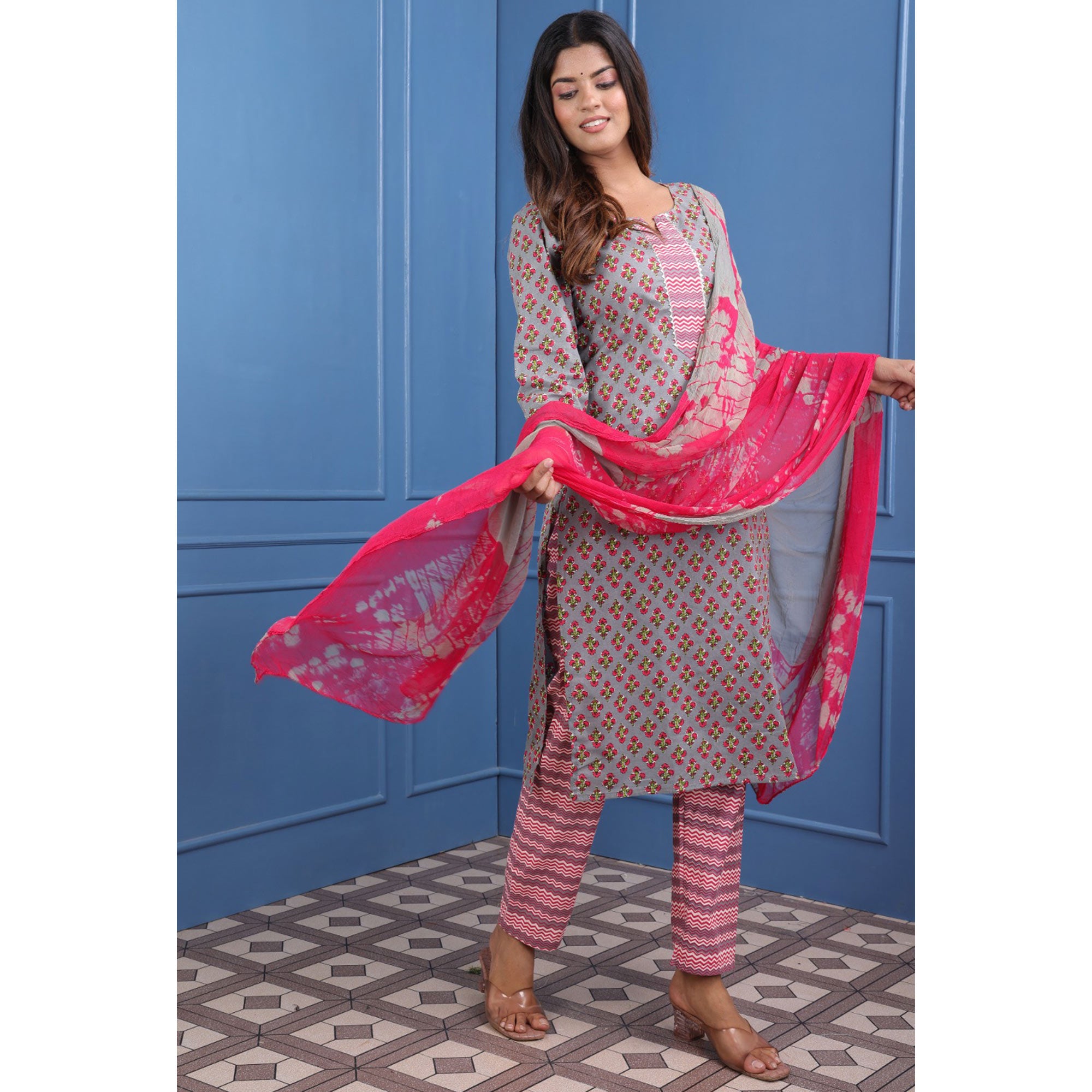 Grey Jaipuri Printed Pure Cotton Suit