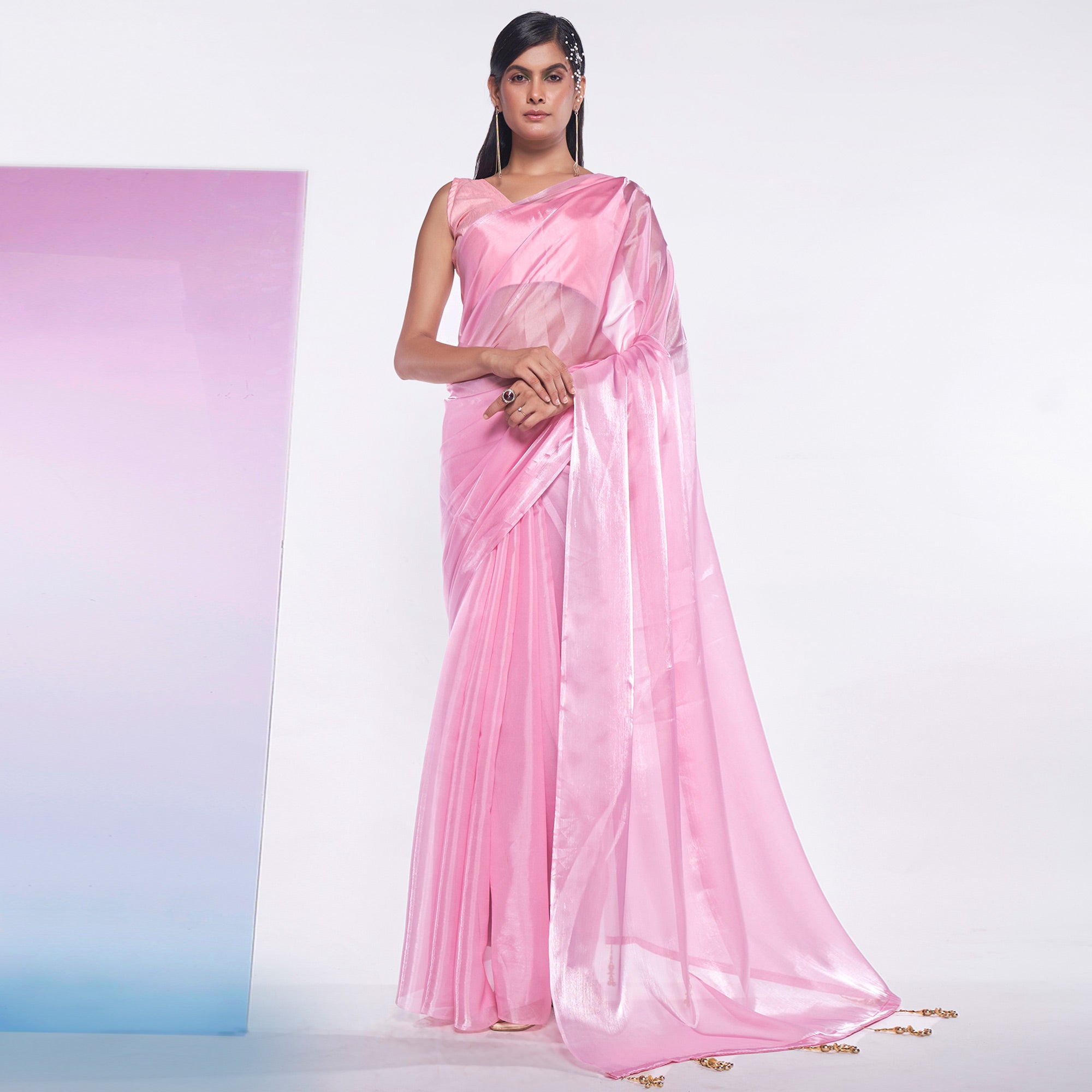 Pink Solid Organza Saree With Tassels