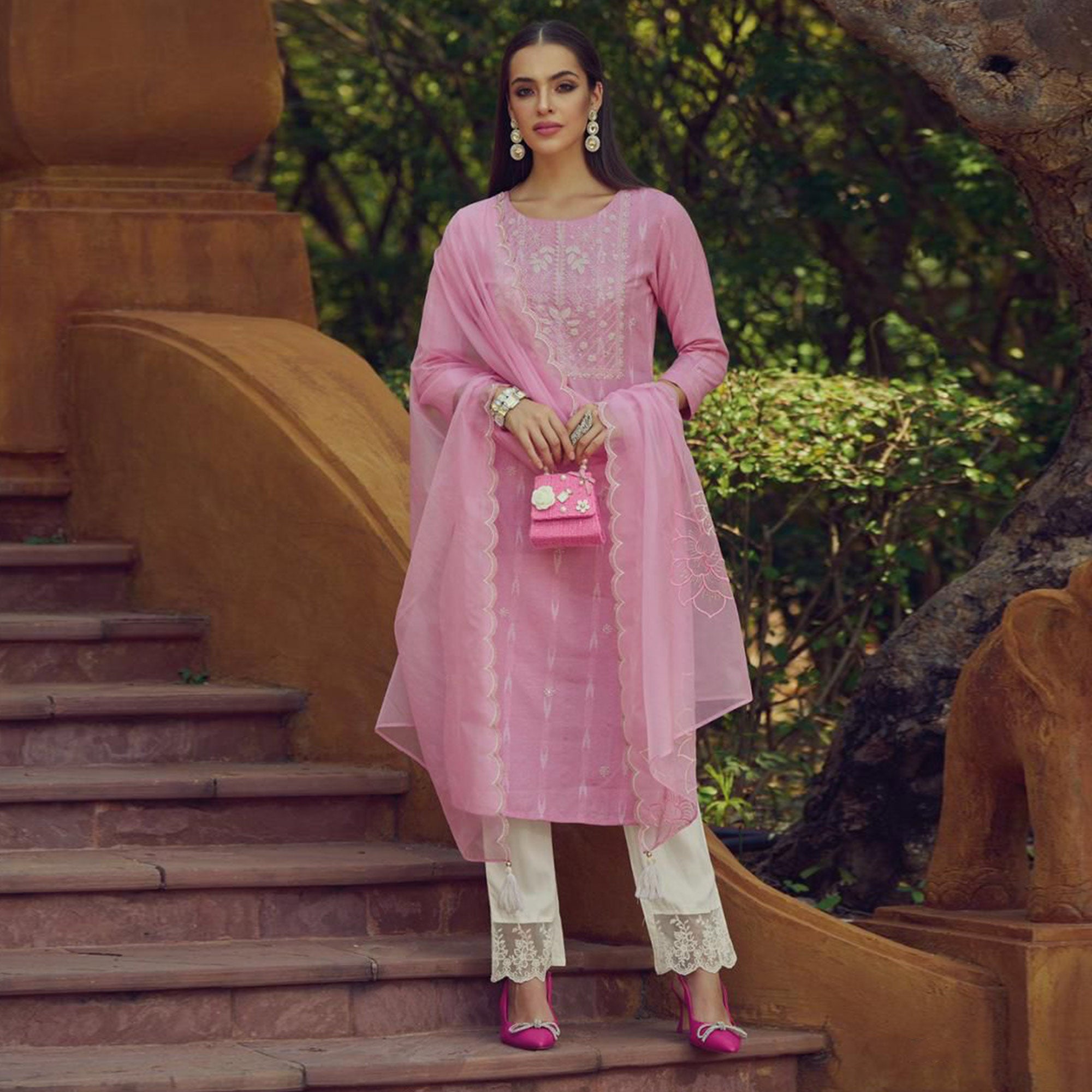 Pink Kantha Embroidered Linen Salwar Suit