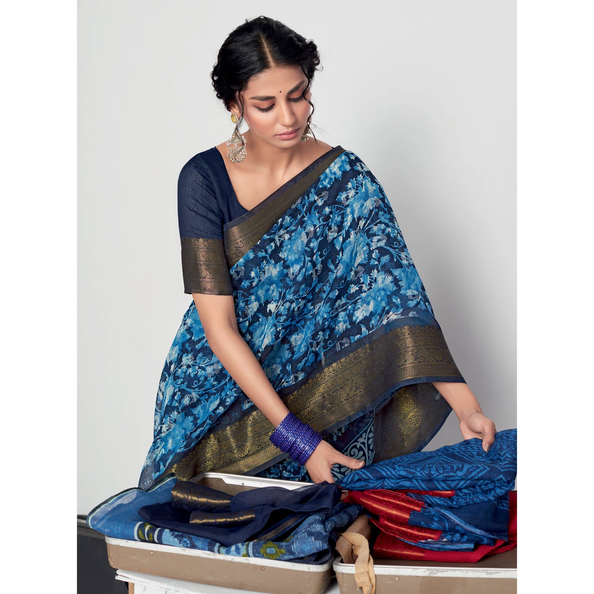 Blue Printed With Woven Border Cotton Blend Saree