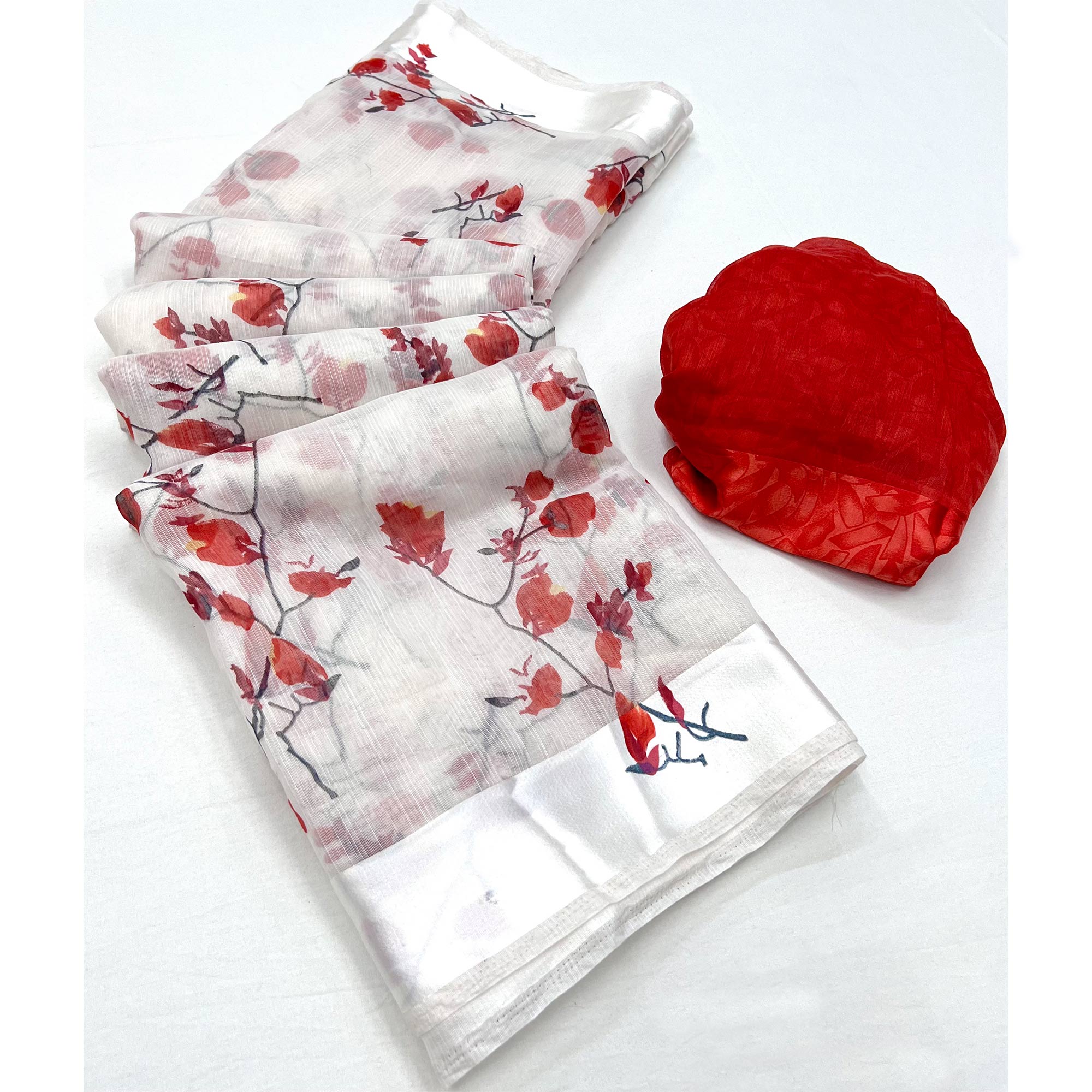 White Red Floral Printed Linen Saree