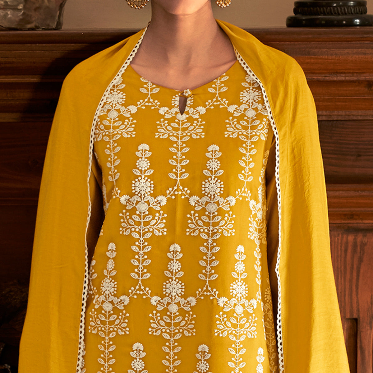 Mustard Lucknowi Embroidered Modal Salwar Suit