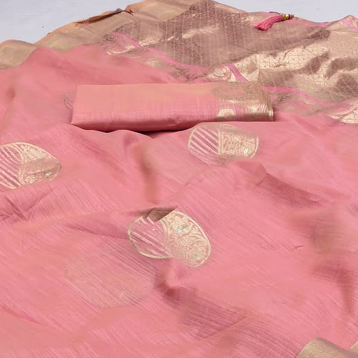 Pink Woven Art Silk Saree With Tassels