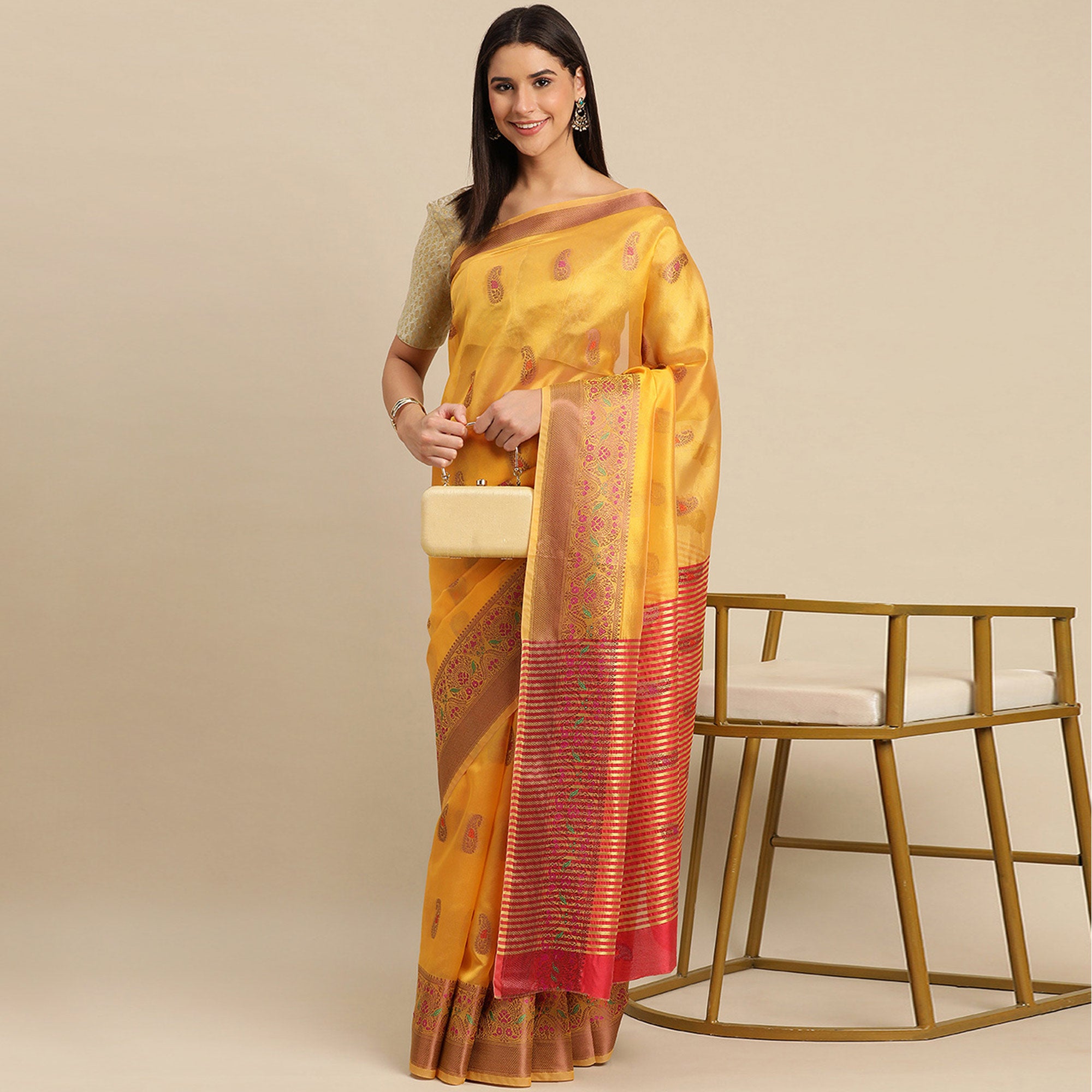 Yellow Woven Organza Saree