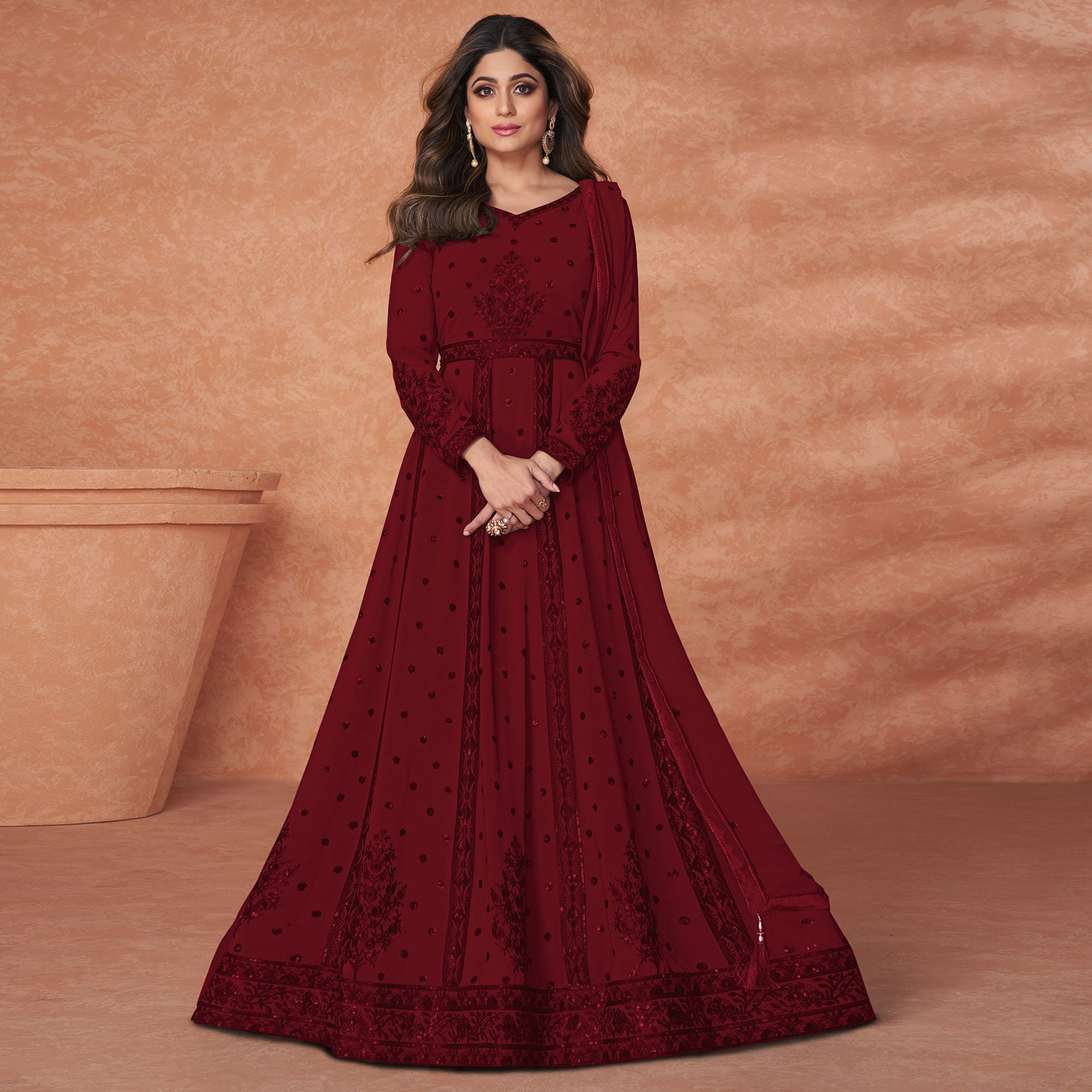 Maroon Color Party Wear Georgette Gown With GPO Lace and Dupatta Ready to  Wear Gown in USA, UK, Malaysia, South Africa, Dubai, Singapore