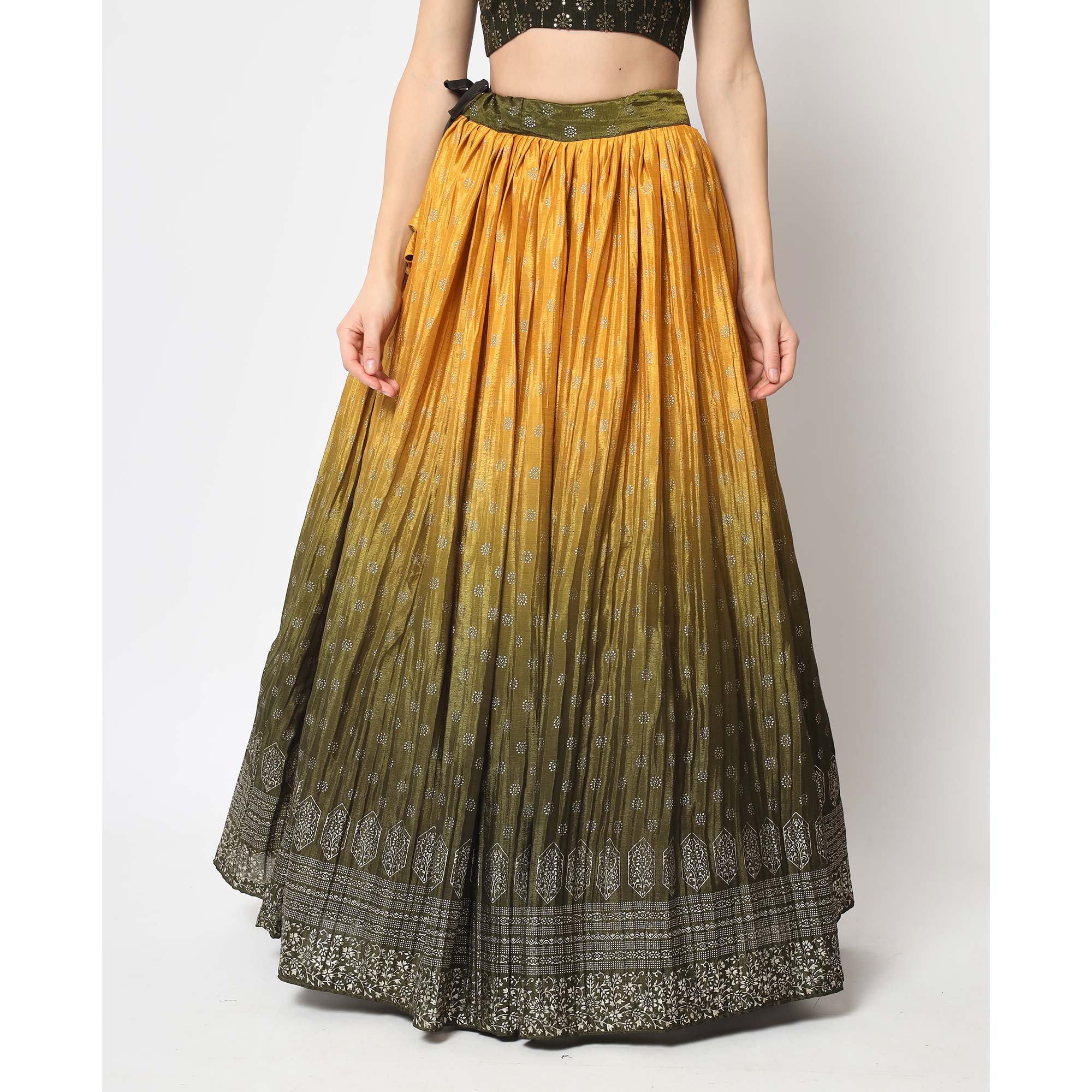 Mustard & Olive Foil Printed Chiffon Lehenga Choli