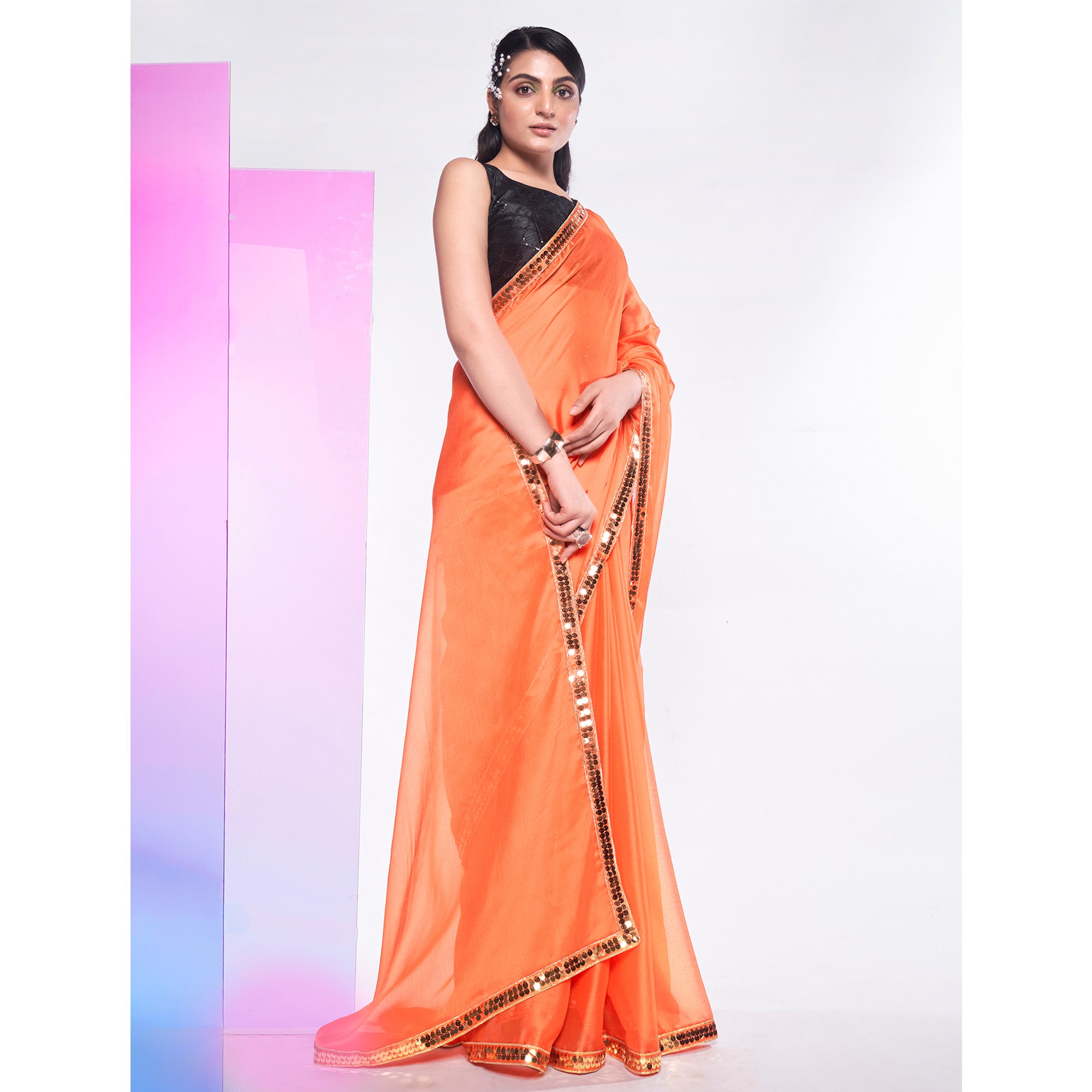 Orange Solid With Embroidered Border Georgette Saree