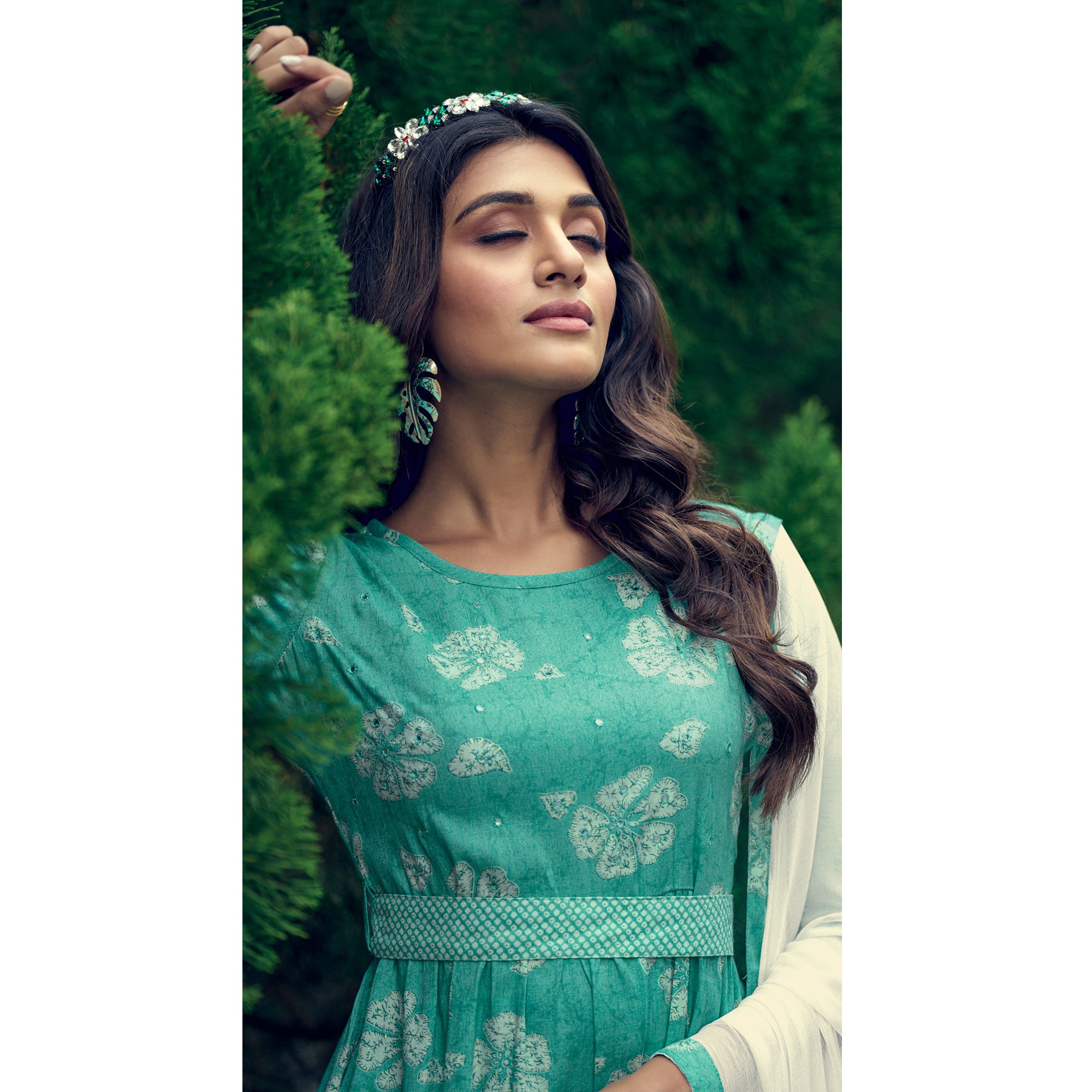 Aqua Green Printed With Mirror Work Rayon Naira Cut Suit