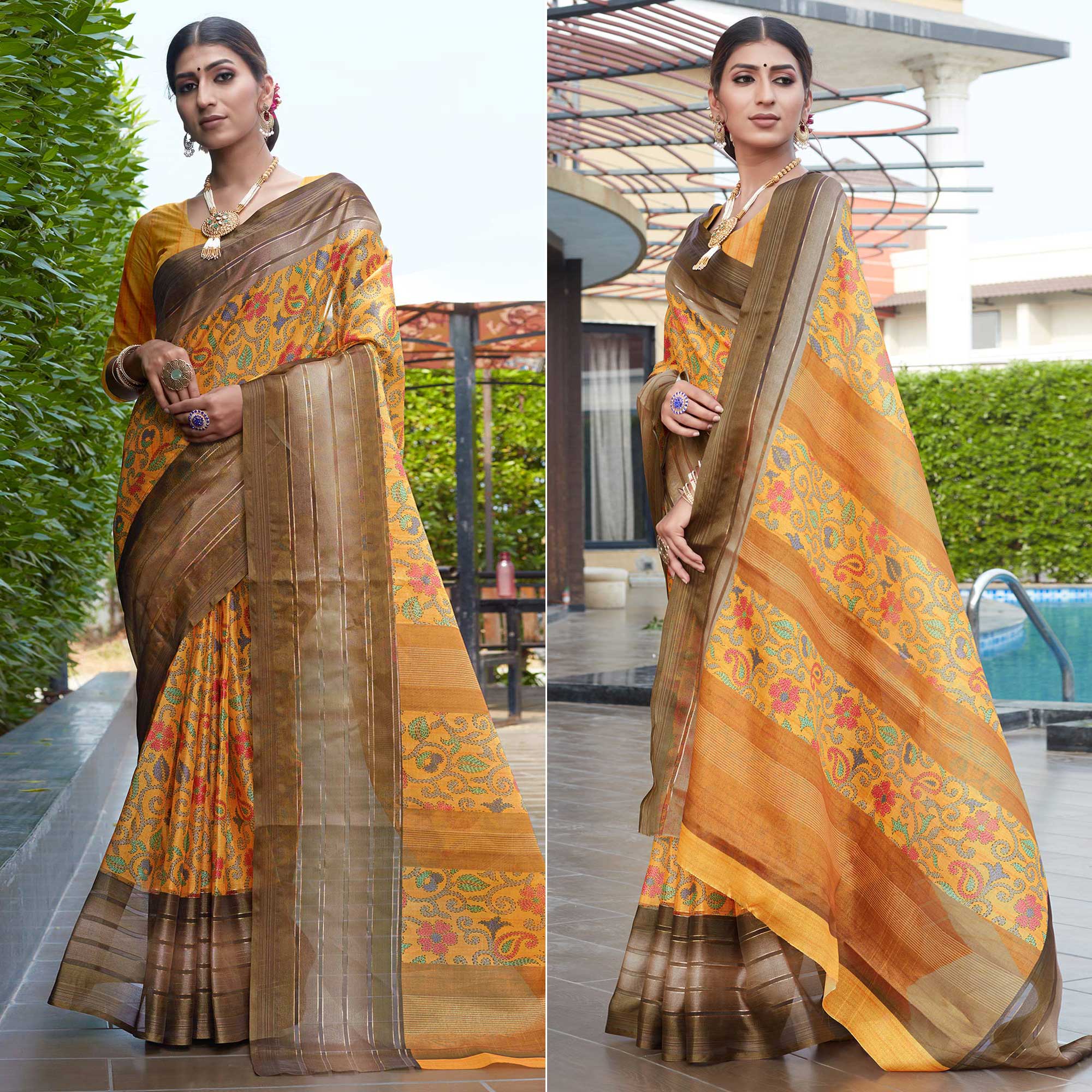 Mustard Floral Digital Printed Cotton Blend Saree